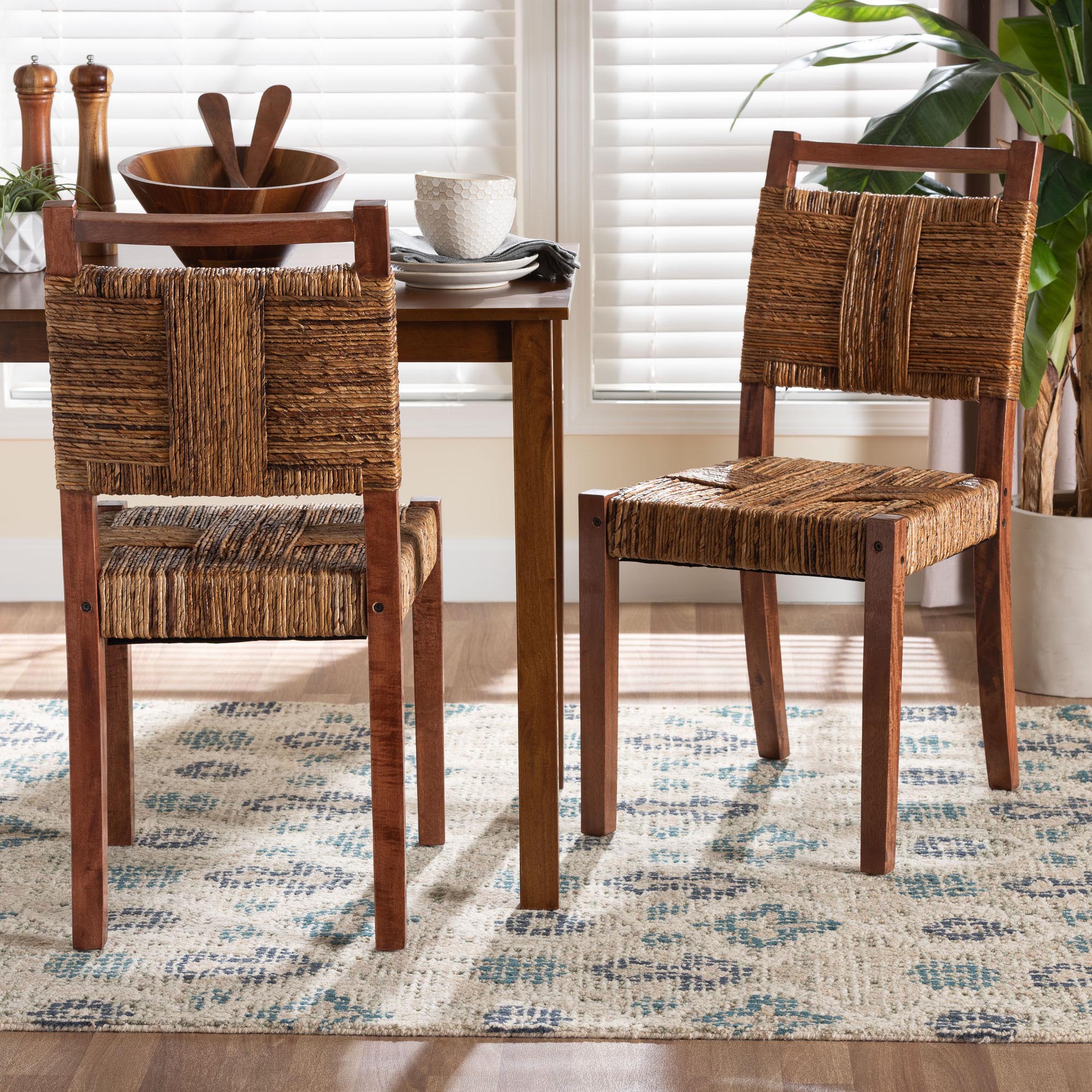 bali & pari Chabela Handwoven Seagrass Dining Chair Set of 2- Solid Mango Wood Frame with Woven Seat and Backrest, Rustic Boho Style Kitchen or Dining Room Seating, Brown
