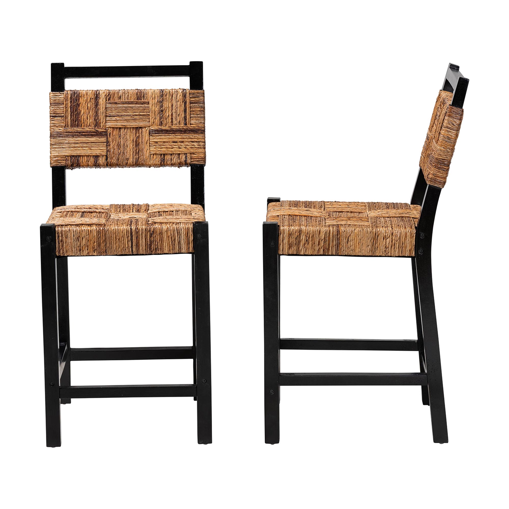 bali & pari Raniya Seagrass Counter Stool Set of 2 - Solid Mango Wood Frame with Woven Seat and Backrest, Rustic Boho Style Dining or Kitchen Island Seating, Black