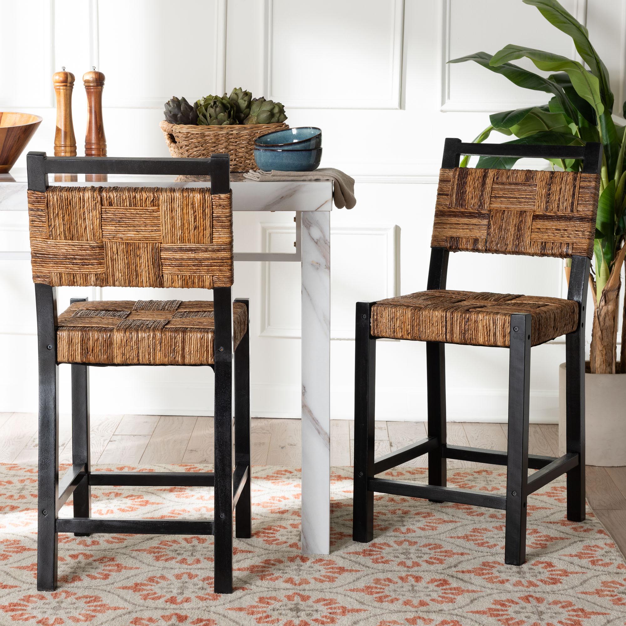 bali & pari Raniya Seagrass Counter Stool Set of 2 - Solid Mango Wood Frame with Woven Seat and Backrest, Rustic Boho Style Dining or Kitchen Island Seating, Black