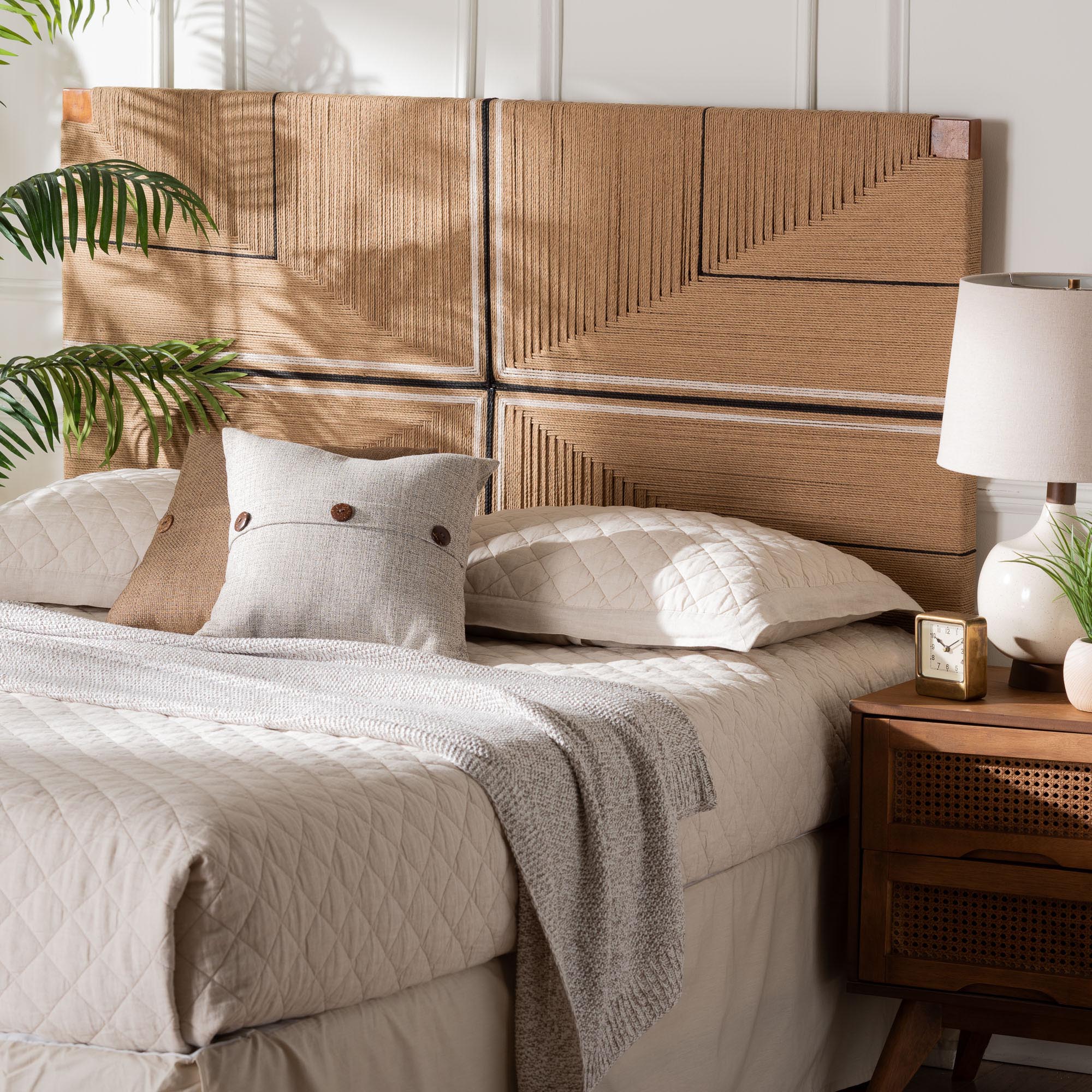 bali & pari Prita Paper Loom Headboard with Mahogany Wood Frame, Handwoven Bed Backrest Panel with Geometric Design, Boho Rustic Bedroom Accent, King Size