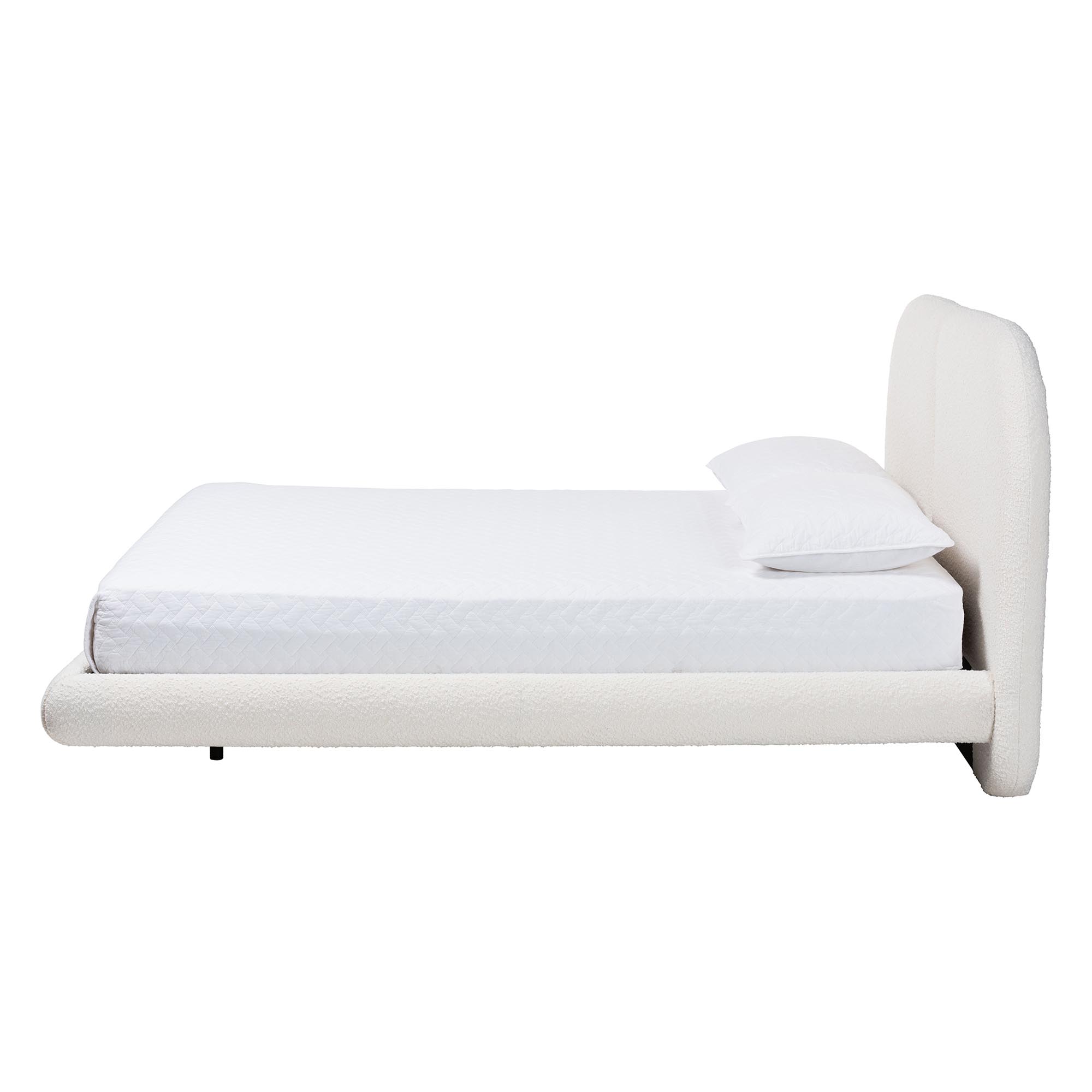 Baxton Studio Cachet Floating Platform Bed with Rounded Headboard - Low Profile Minimalist Boucle Upholstered Bed Frame, Cream, Queen