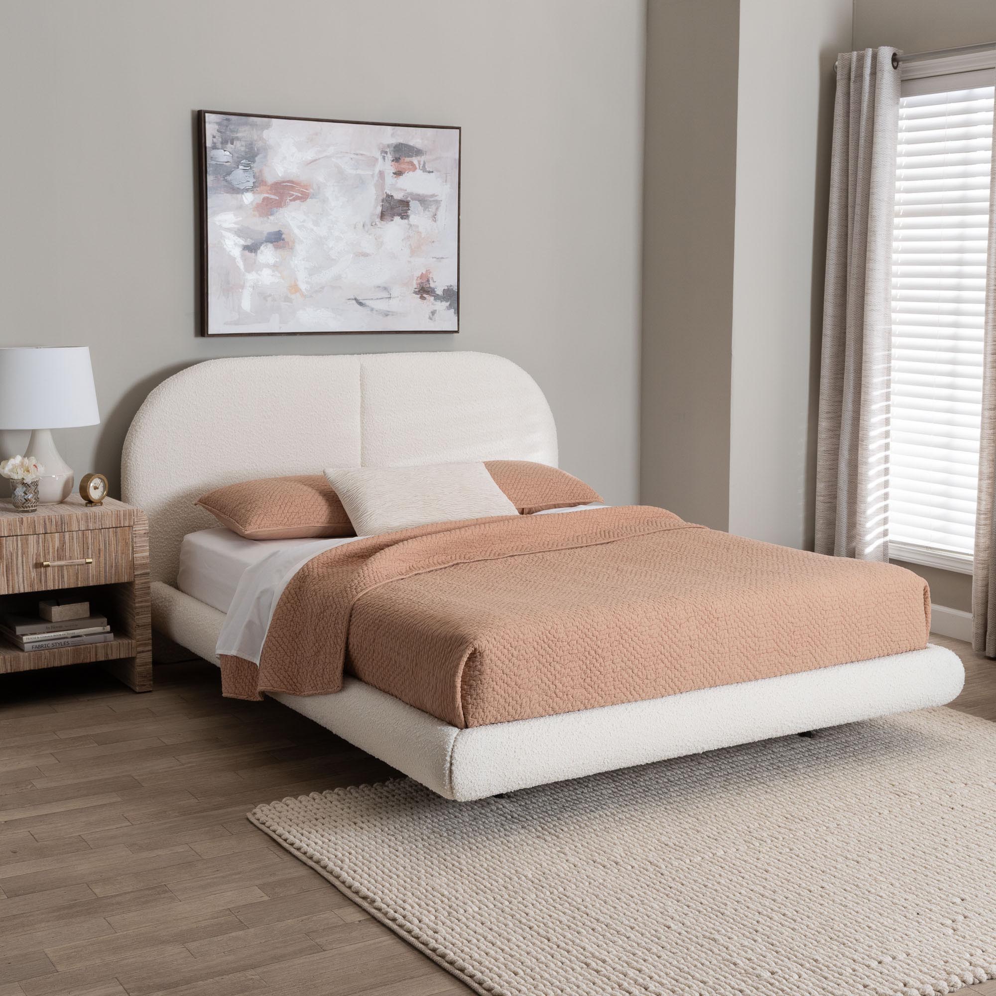 Baxton Studio Cachet Floating Platform Bed with Rounded Headboard - Low Profile Minimalist Boucle Upholstered Bed Frame, Cream, King