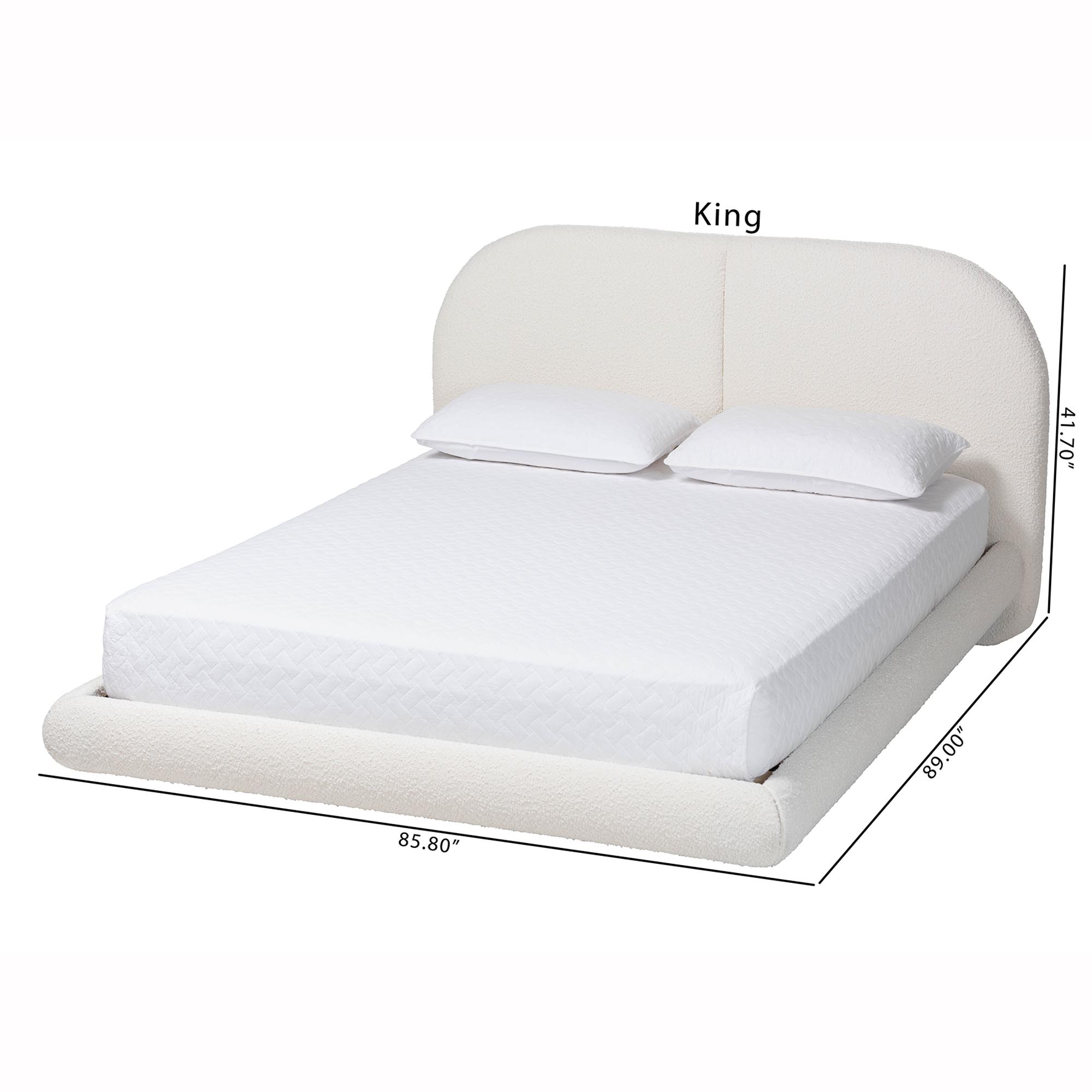 Baxton Studio Cachet Floating Platform Bed with Rounded Headboard - Low Profile Minimalist Boucle Upholstered Bed Frame, Cream, Queen