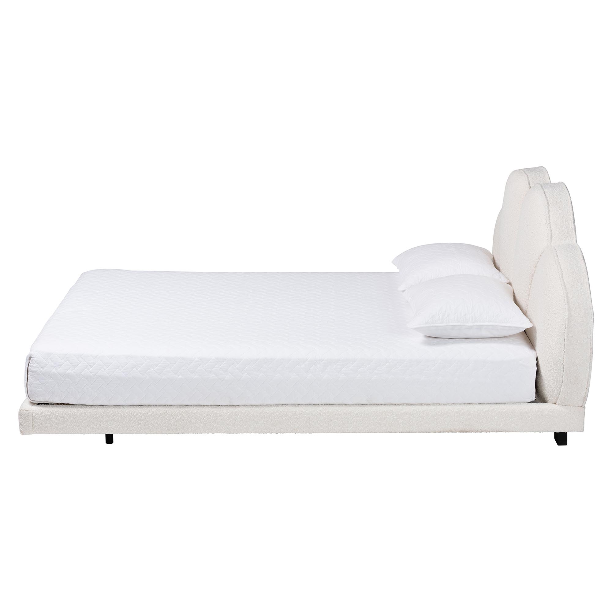 Baxton Studio Barrera Floating Platform Bed with Scalloped Headboard - Low Profile Minimalist Boucle Upholstered Bed Frame, Cream, Queen