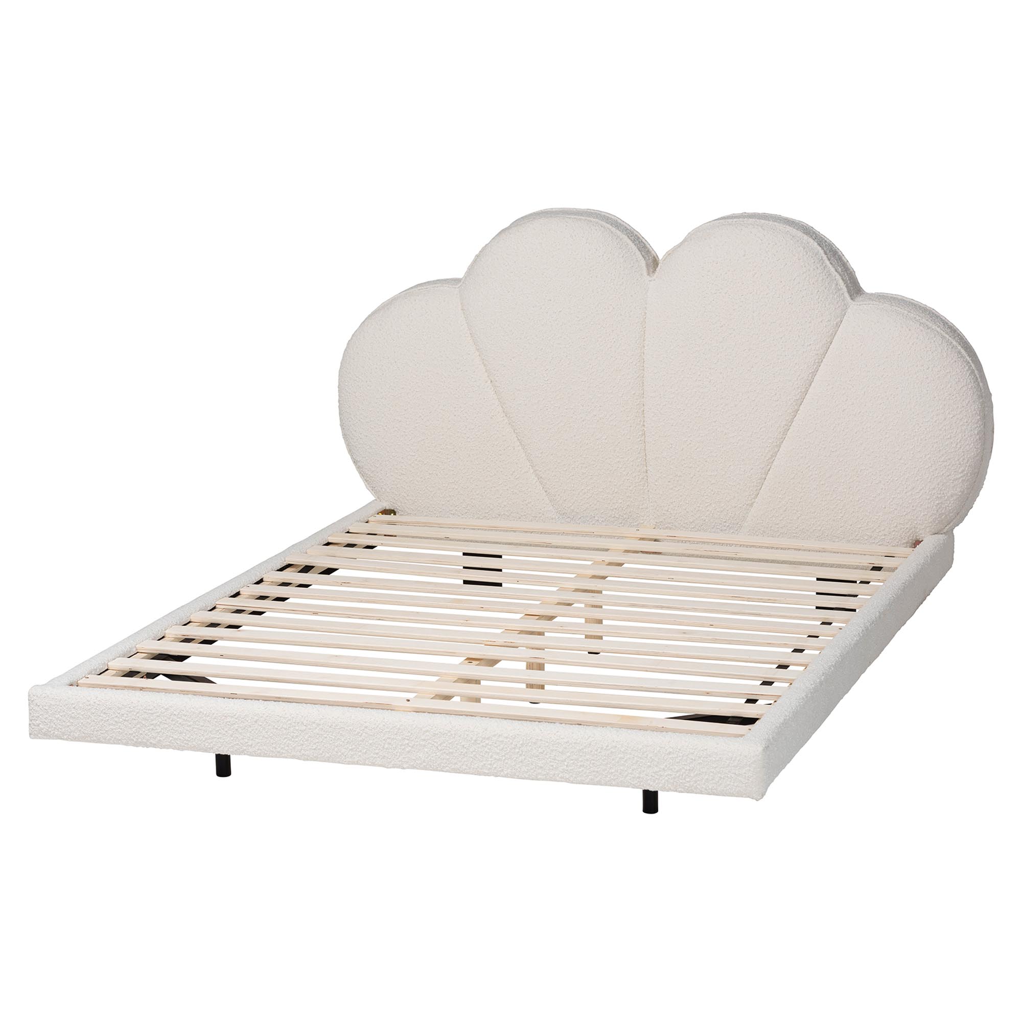 Baxton Studio Barrera Floating Platform Bed with Scalloped Headboard - Low Profile Minimalist Boucle Upholstered Bed Frame, Cream, Queen