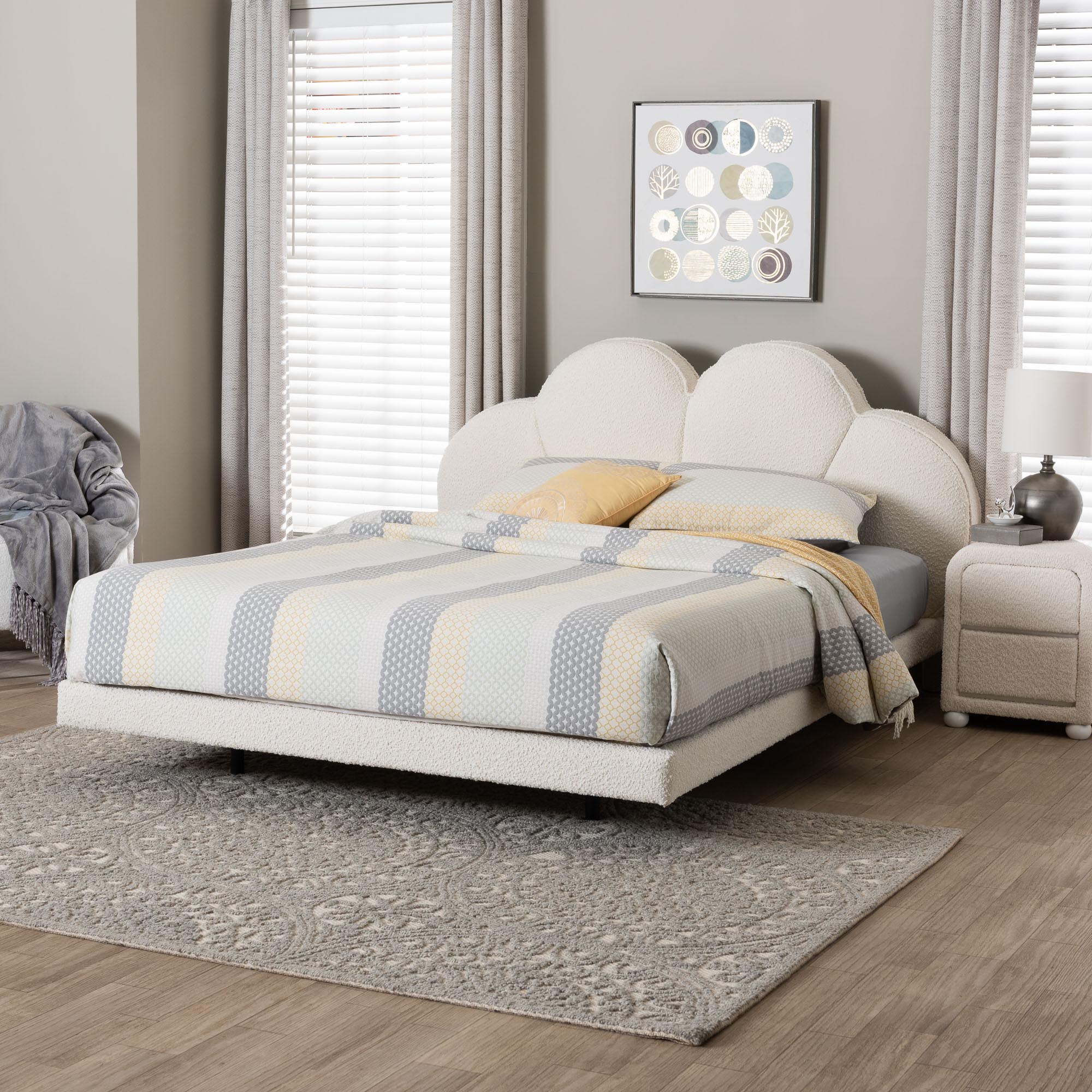 Baxton Studio Barrera Floating Platform Bed with Scalloped Headboard - Low Profile Minimalist Boucle Upholstered Bed Frame, Cream, King