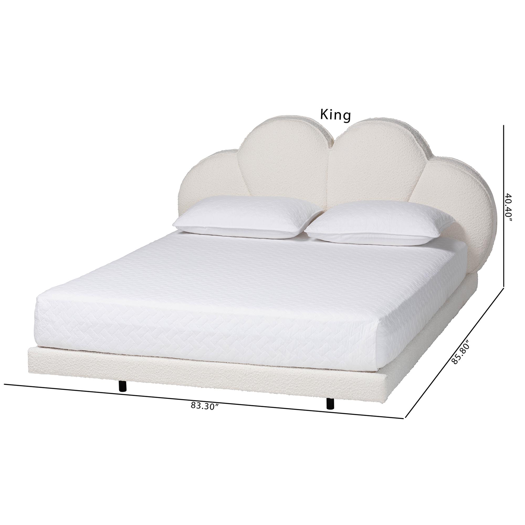 Baxton Studio Barrera Floating Platform Bed with Scalloped Headboard - Low Profile Minimalist Boucle Upholstered Bed Frame, Cream, Queen