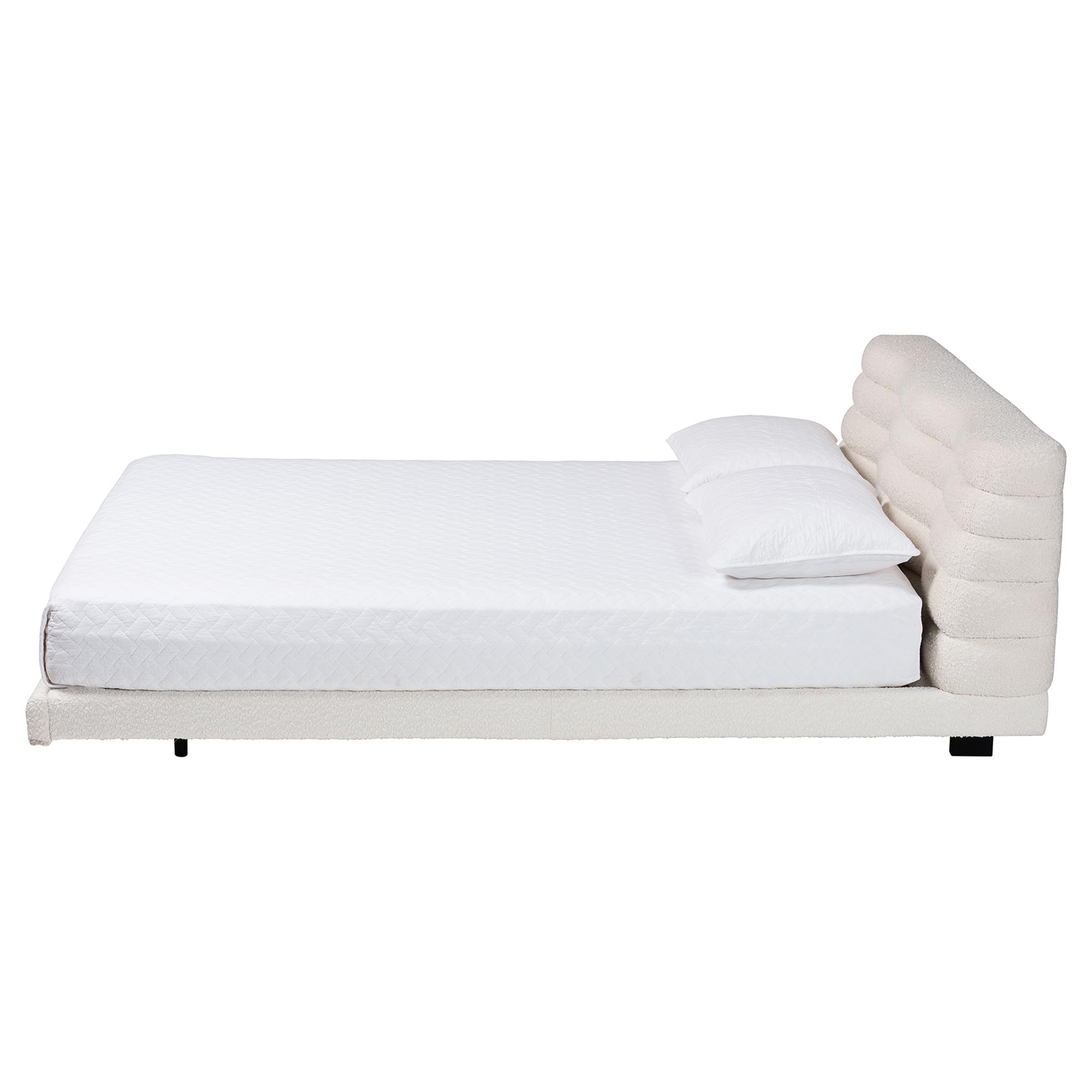 Baxton Studio Alfie Boucle Floating Bed with Channel Tufted Headboard - Low Profile Minimalist Platform Bed Frame, Cream, King