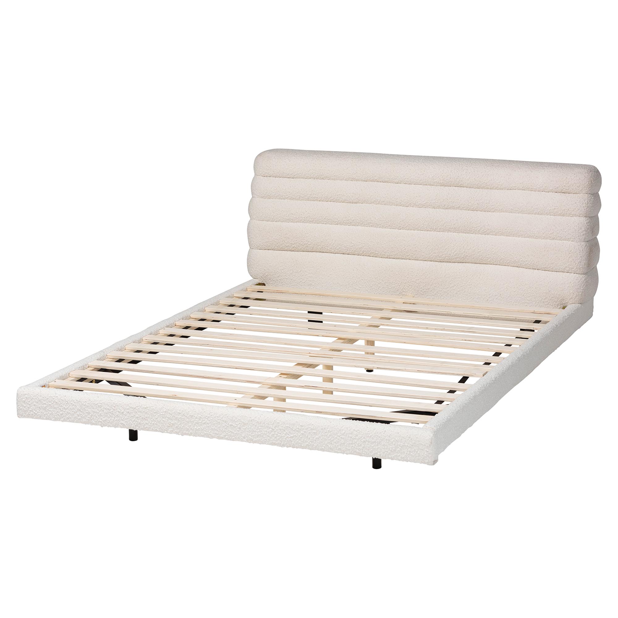 Baxton Studio Alfie Boucle Floating Bed with Channel Tufted Headboard - Low Profile Minimalist Platform Bed Frame, Cream, King