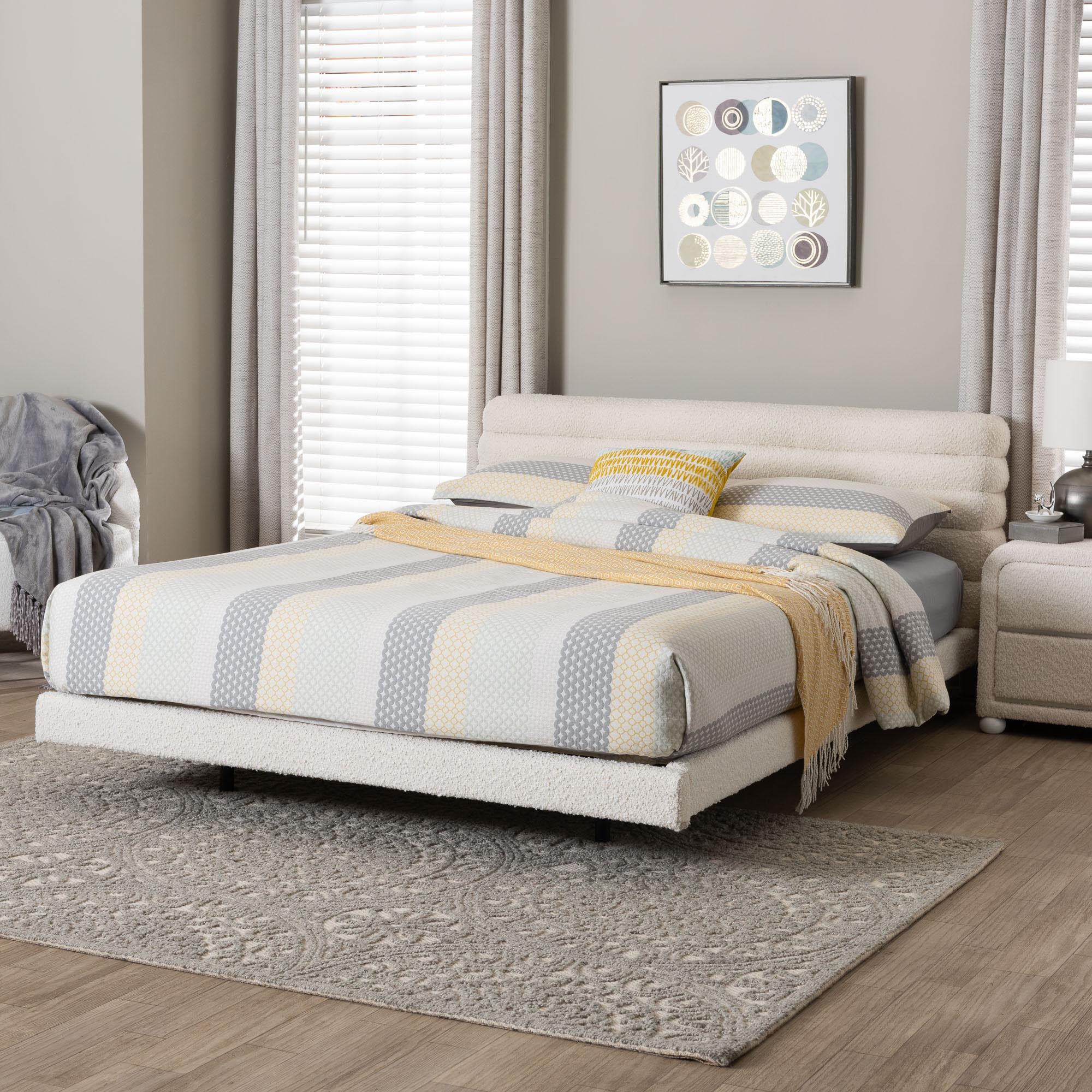 Baxton Studio Alfie Boucle Floating Bed with Channel Tufted Headboard - Low Profile Minimalist Platform Bed Frame, Cream, King