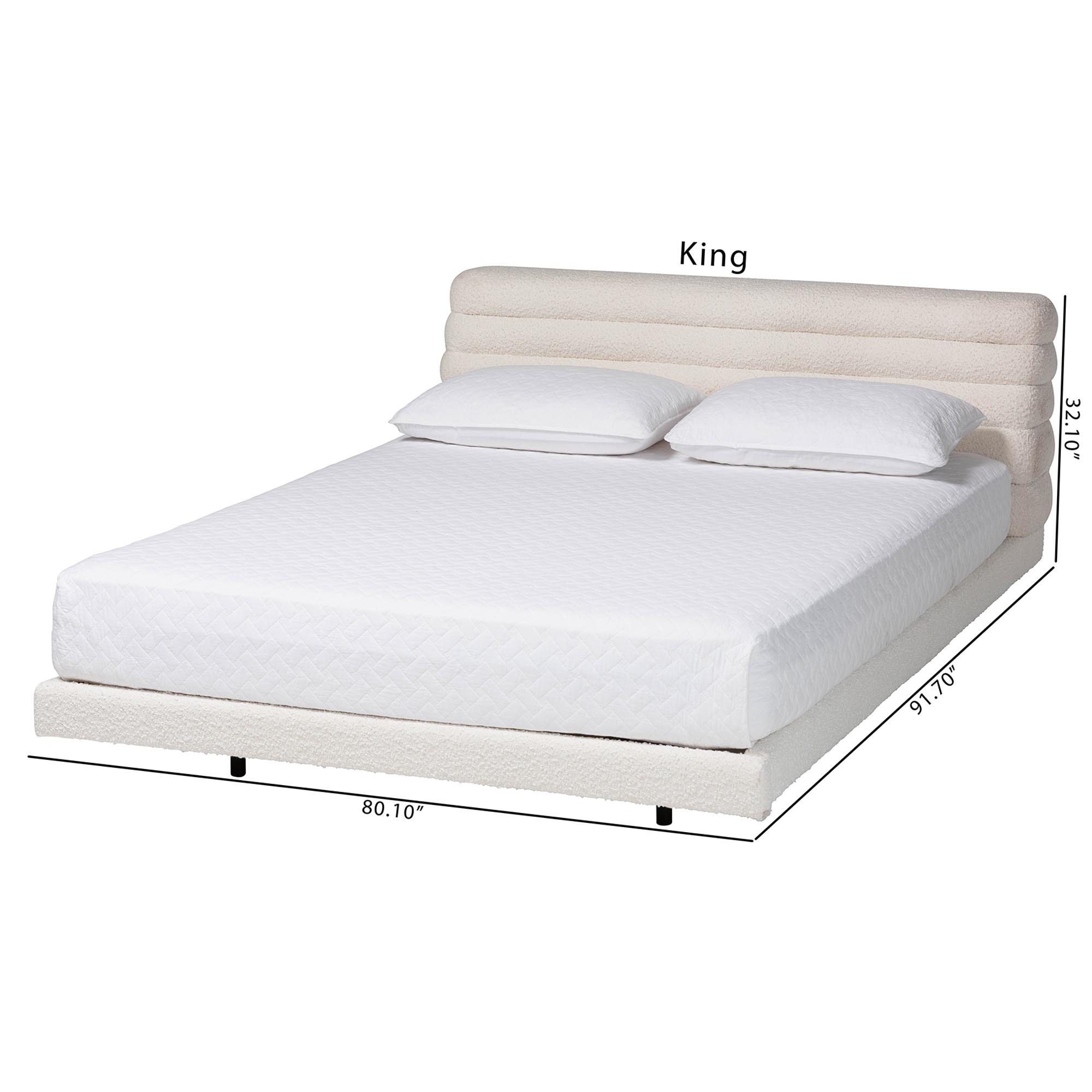 Baxton Studio Alfie Boucle Floating Bed with Channel Tufted Headboard - Low Profile Minimalist Platform Bed Frame, Cream, King