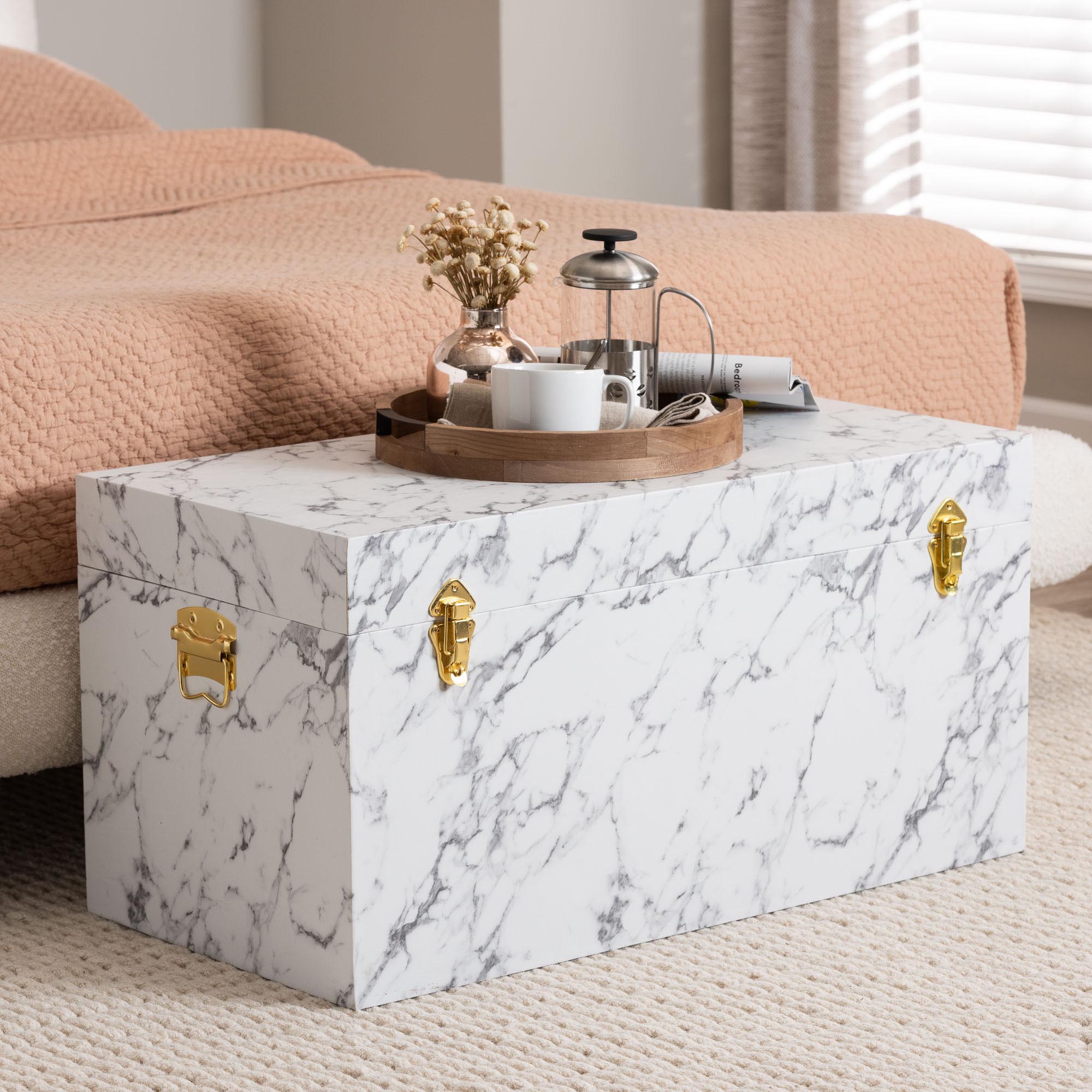 Baxton Studio Brenta Storage Trunk with Lift-Top Lid - Decorative Organizer Chest with Faux Marble Effect, Contemporary Storage Solution
