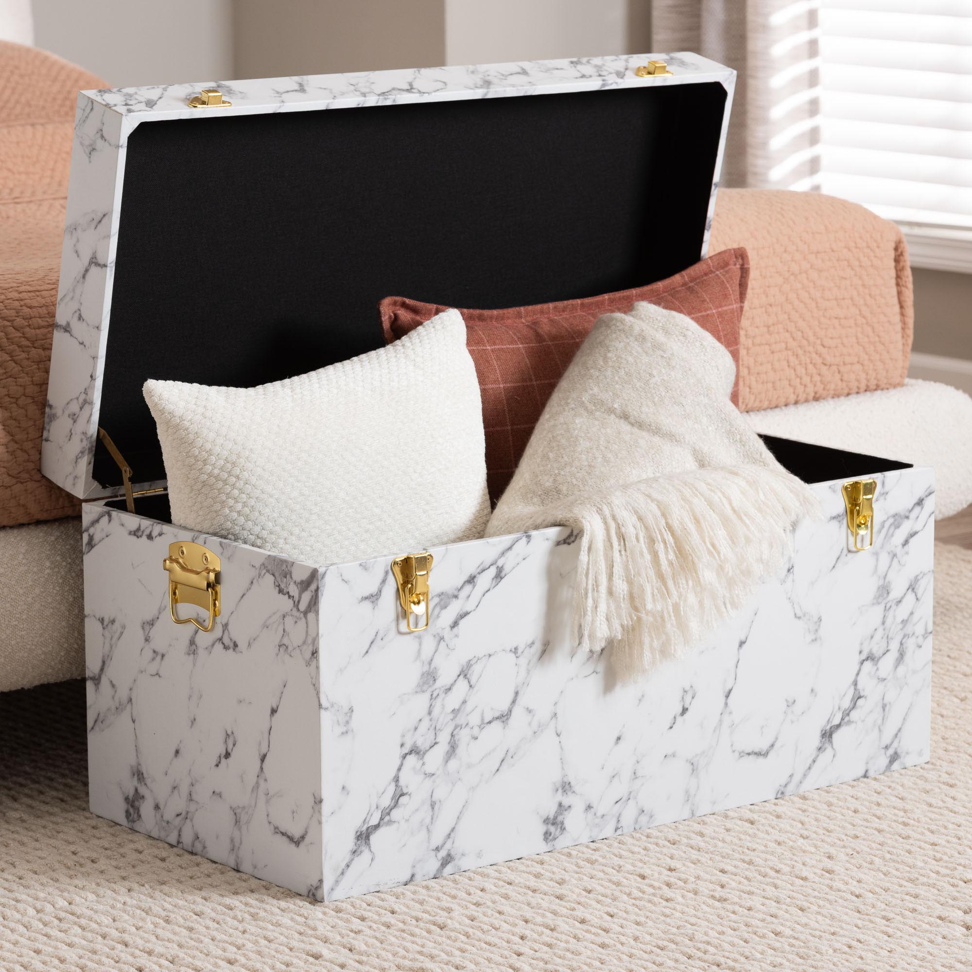 Baxton Studio Brenta Storage Trunk with Lift-Top Lid - Decorative Organizer Chest with Faux Marble Effect, Contemporary Storage Solution