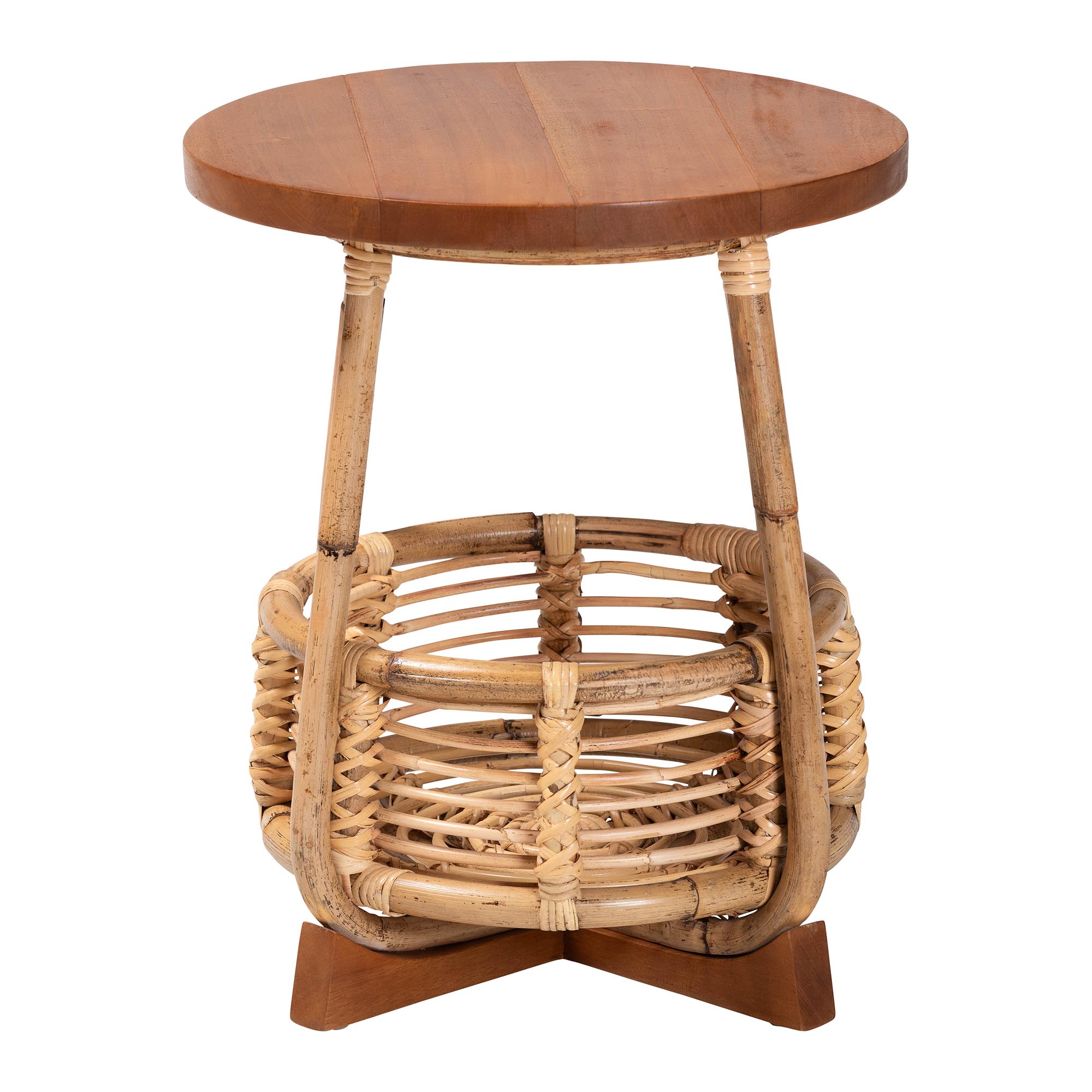 bali & pari Derenik Natural Rattan and Mahogany Wood End Table - Boho Accent Side Table with Woven Basket Base, Coastal Style Nightstand or Living Room Table