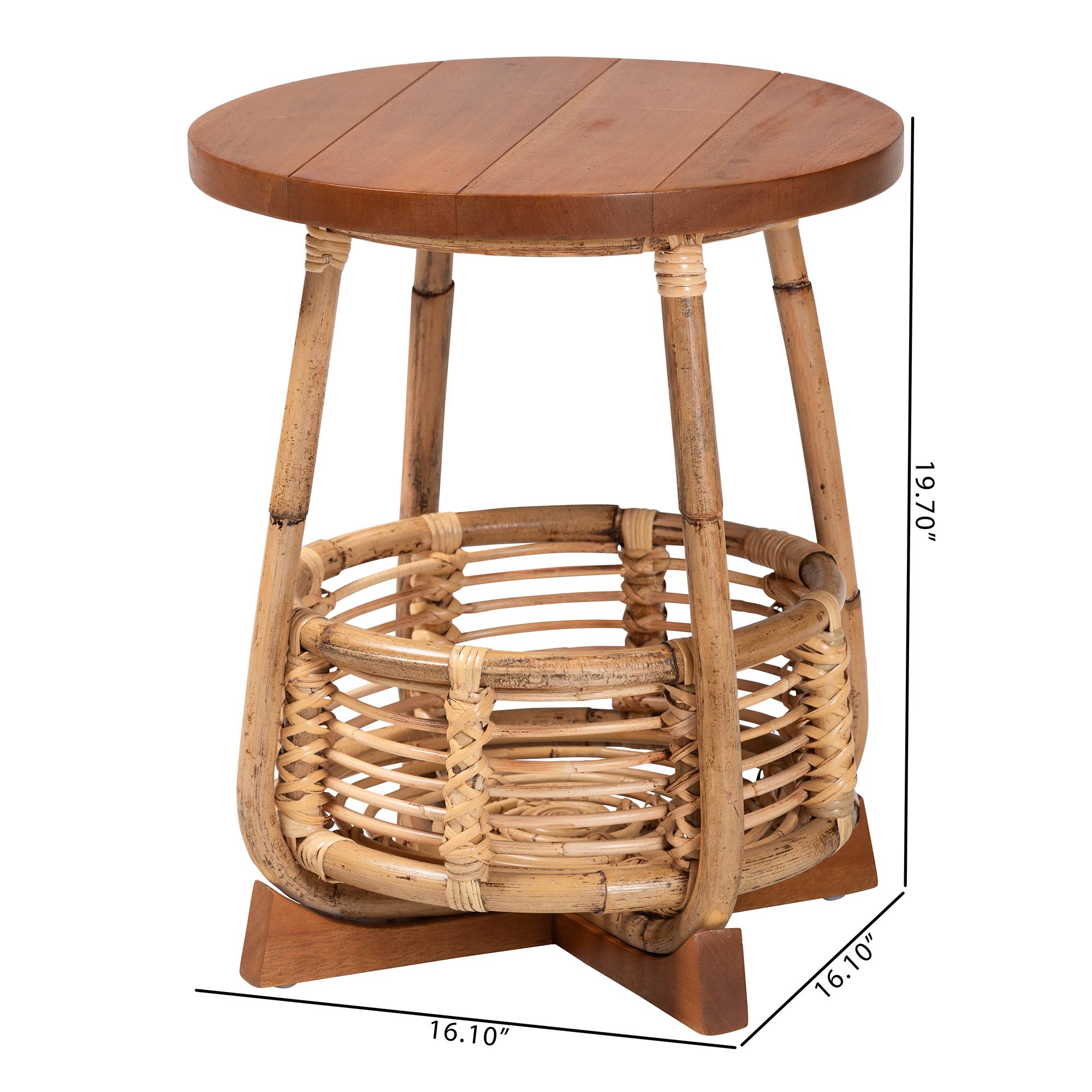 bali & pari Derenik Natural Rattan and Mahogany Wood End Table - Boho Accent Side Table with Woven Basket Base, Coastal Style Nightstand or Living Room Table