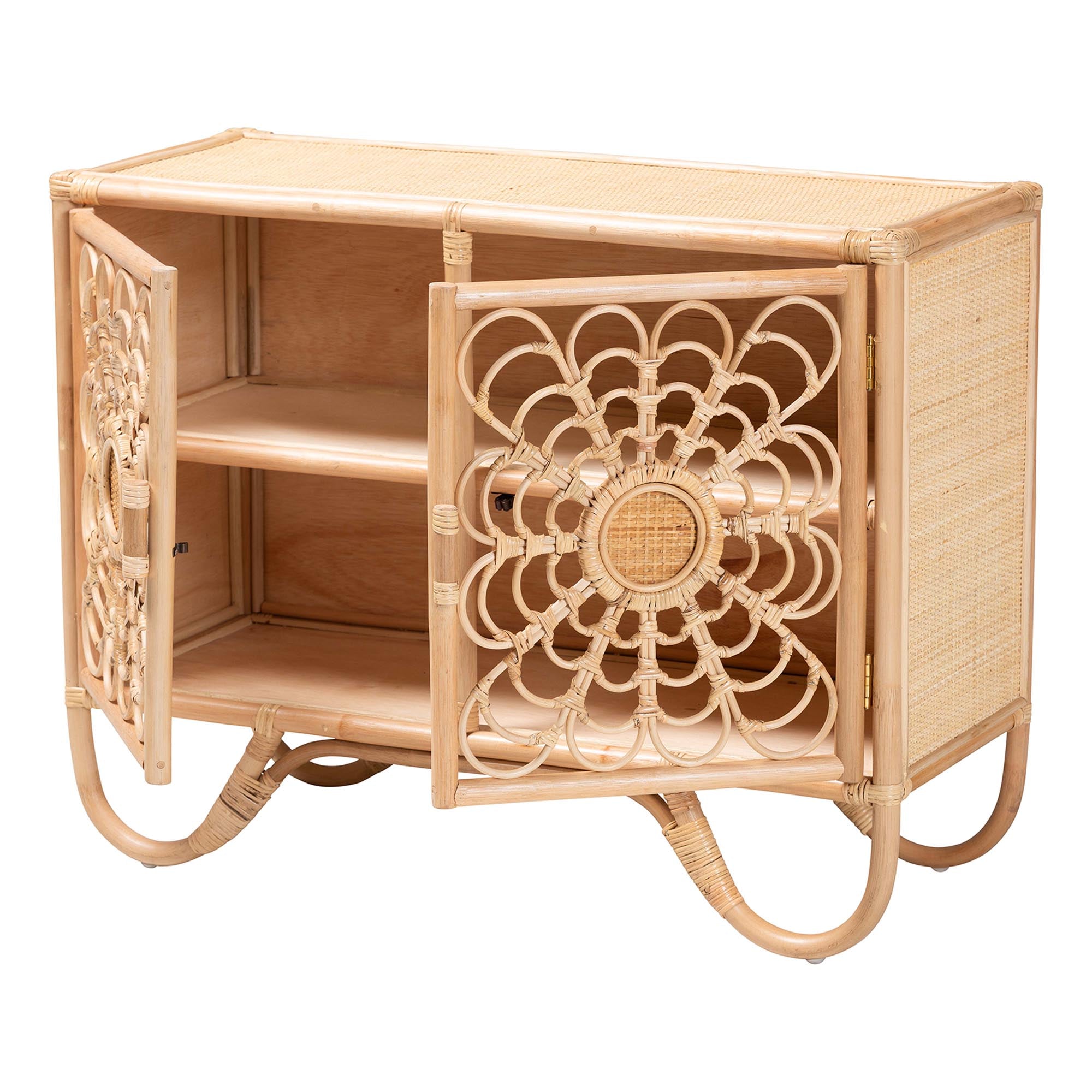 bali & pari Acelin Natural Rattan Storage Cabinet - Handcrafted Boho Accent Console with Floral Woven Doors, Natural Wicker Sideboard for Living Room or Entryway