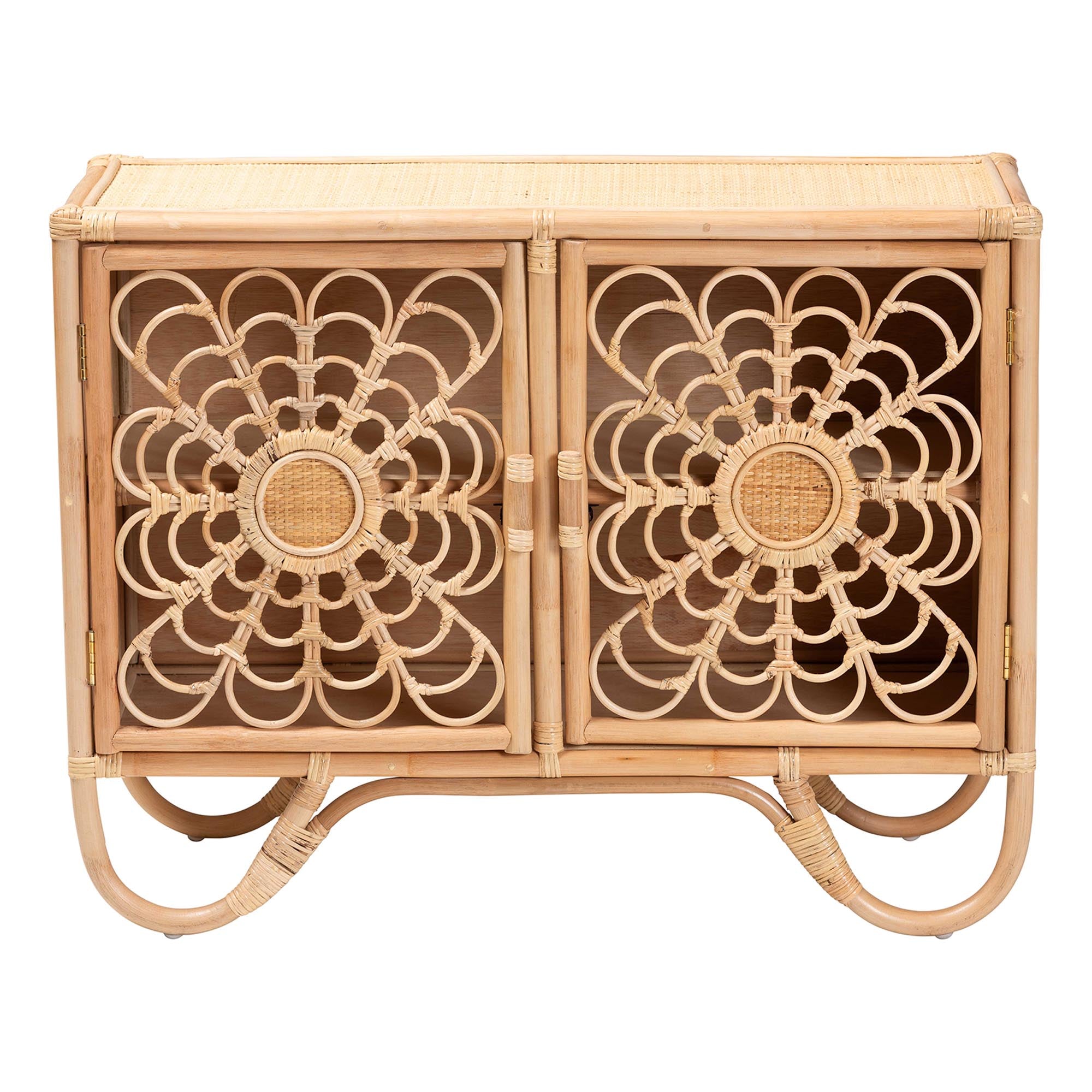 bali & pari Acelin Natural Rattan Storage Cabinet - Handcrafted Boho Accent Console with Floral Woven Doors, Natural Wicker Sideboard for Living Room or Entryway
