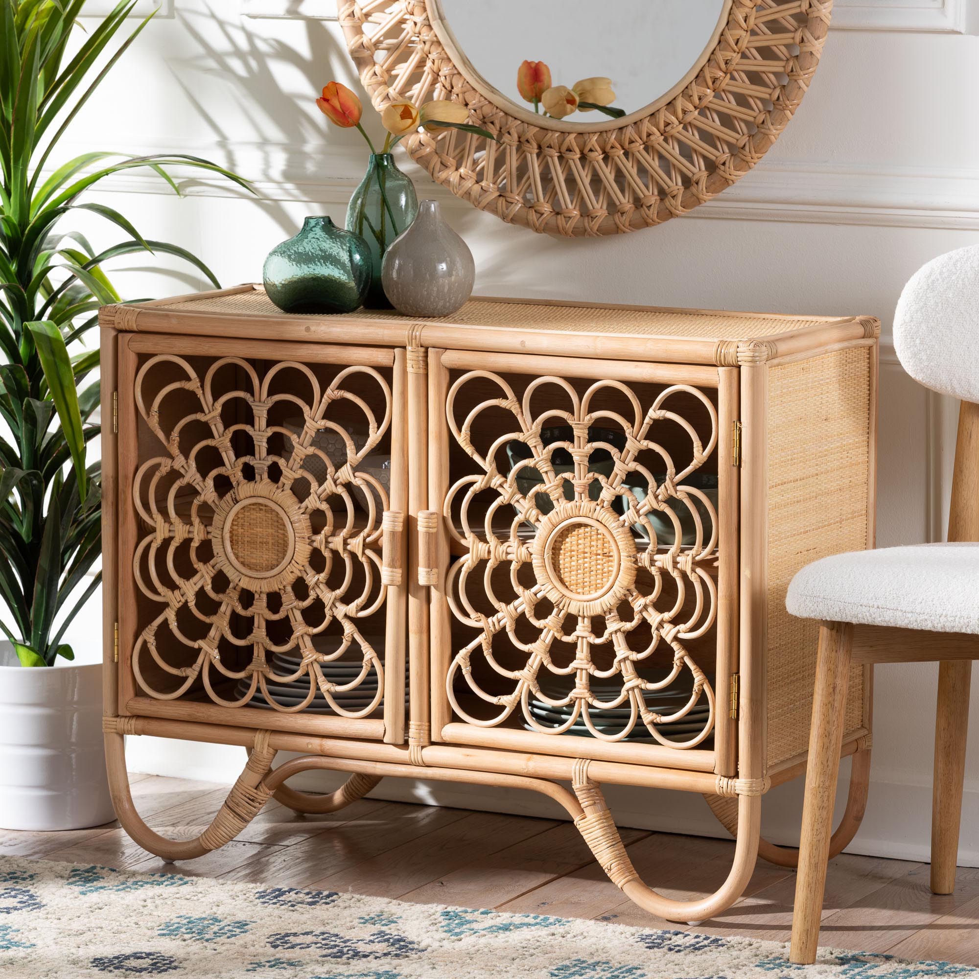 bali & pari Acelin Natural Rattan Storage Cabinet - Handcrafted Boho Accent Console with Floral Woven Doors, Natural Wicker Sideboard for Living Room or Entryway