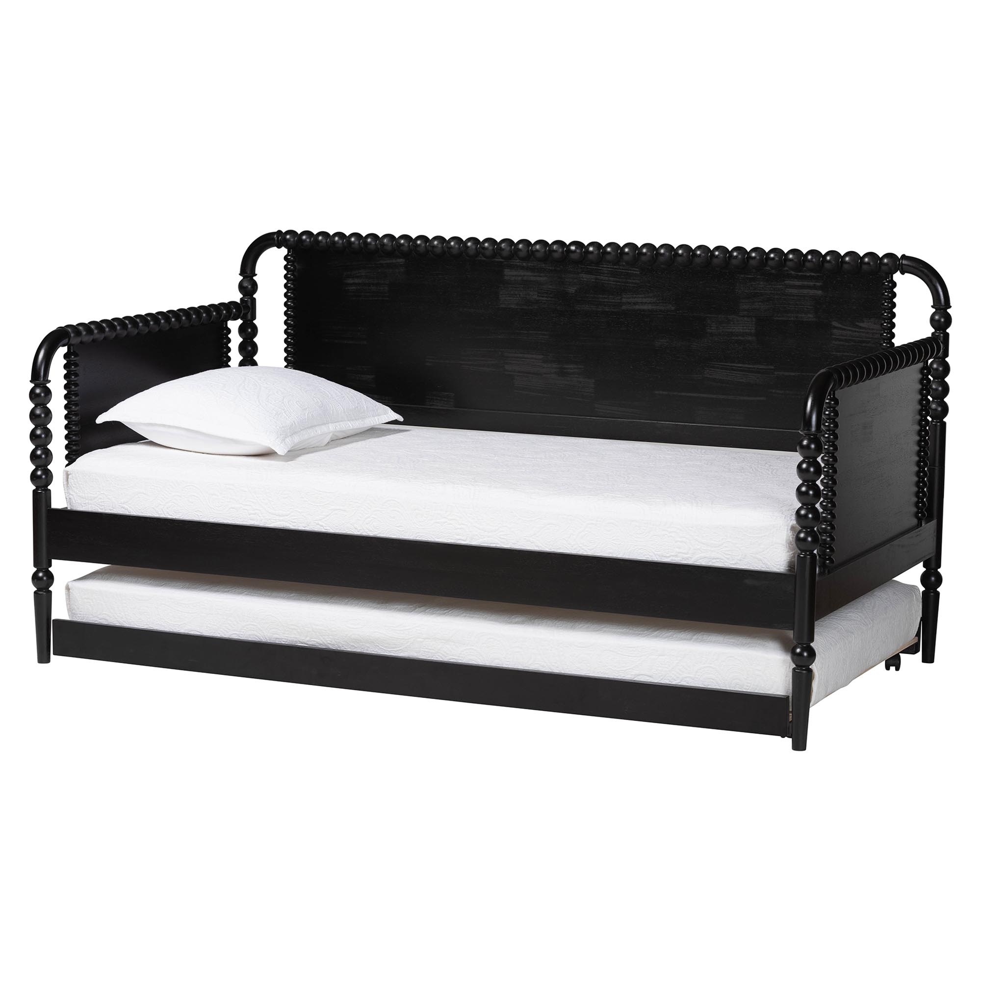 Baxton Studio Lucera Bobbin Daybed with Rolling Trundle - Wooden Bed Frame with Turned Spindle Detailing, Classic Style Sofa Bed for Bedroom or Guest Room, Twin, Black