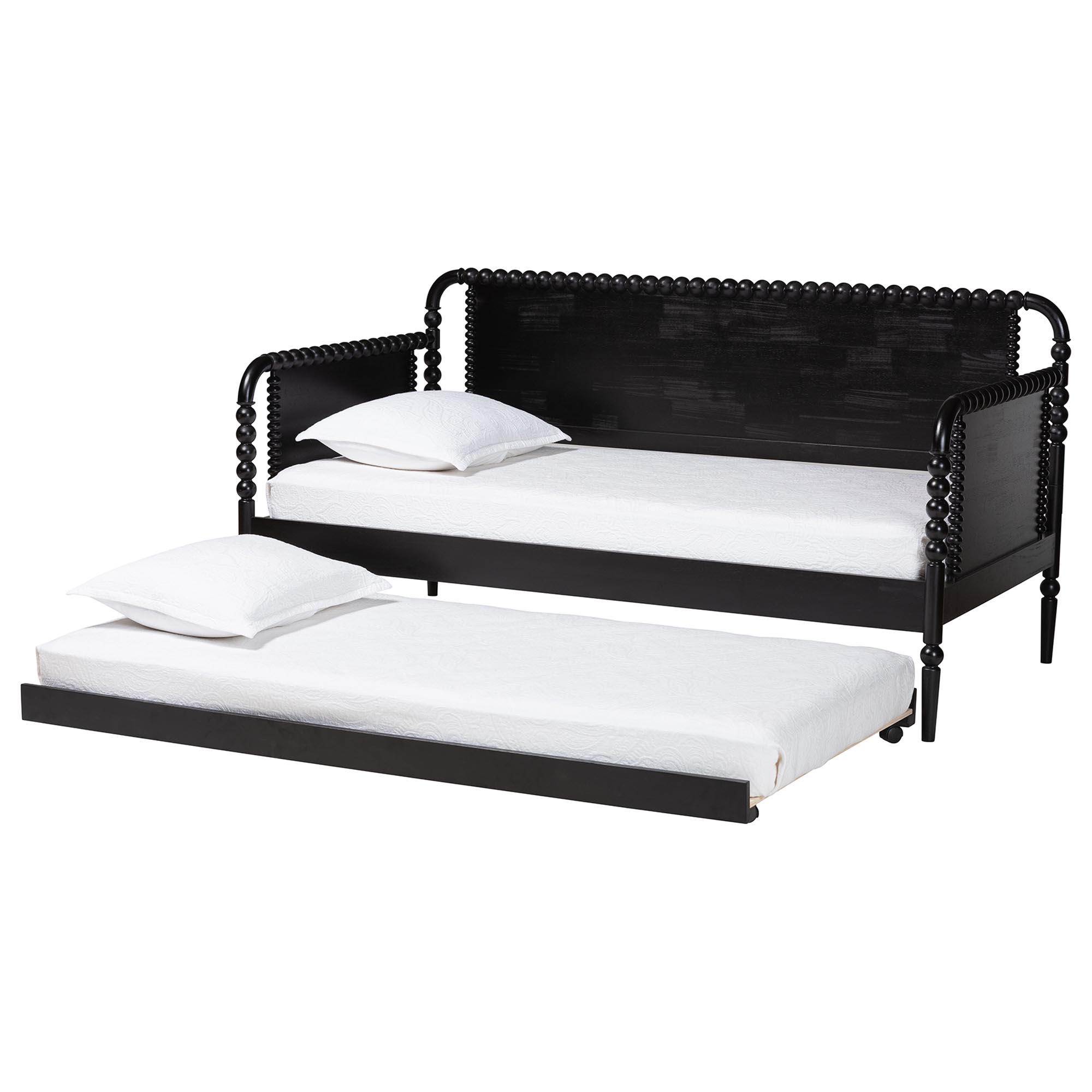 Baxton Studio Lucera Bobbin Daybed with Rolling Trundle - Wooden Bed Frame with Turned Spindle Detailing, Classic Style Sofa Bed for Bedroom or Guest Room, Twin, Black
