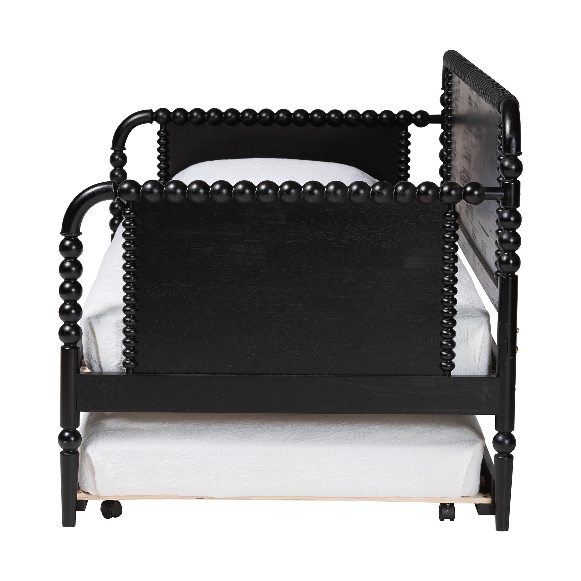 Baxton Studio Lucera Bobbin Daybed with Rolling Trundle - Wooden Bed Frame with Turned Spindle Detailing, Classic Style Sofa Bed for Bedroom or Guest Room, Twin, Black