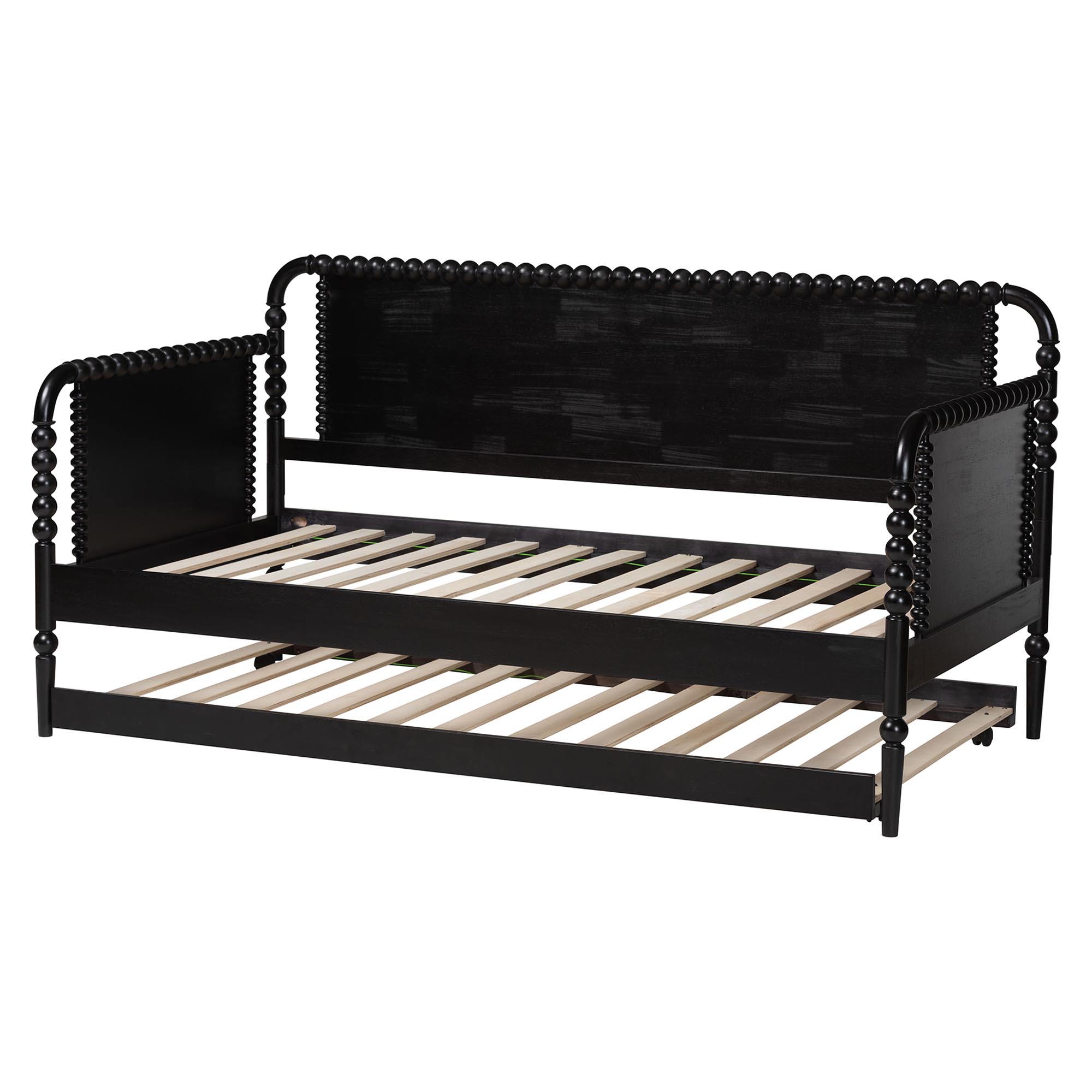 Baxton Studio Lucera Bobbin Daybed with Rolling Trundle - Wooden Bed Frame with Turned Spindle Detailing, Classic Style Sofa Bed for Bedroom or Guest Room, Twin, Black