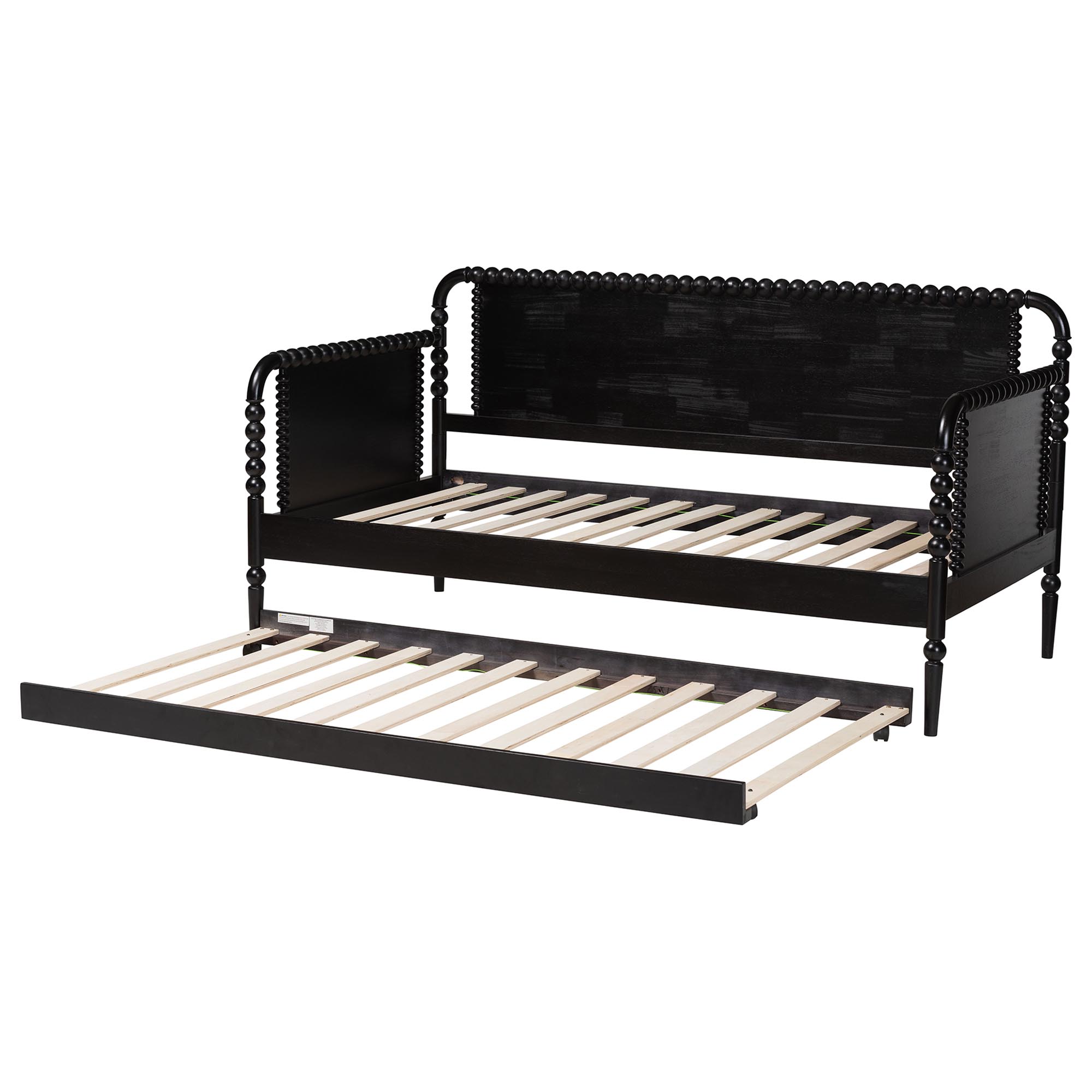 Baxton Studio Lucera Bobbin Daybed with Rolling Trundle - Wooden Bed Frame with Turned Spindle Detailing, Classic Style Sofa Bed for Bedroom or Guest Room, Twin, Black