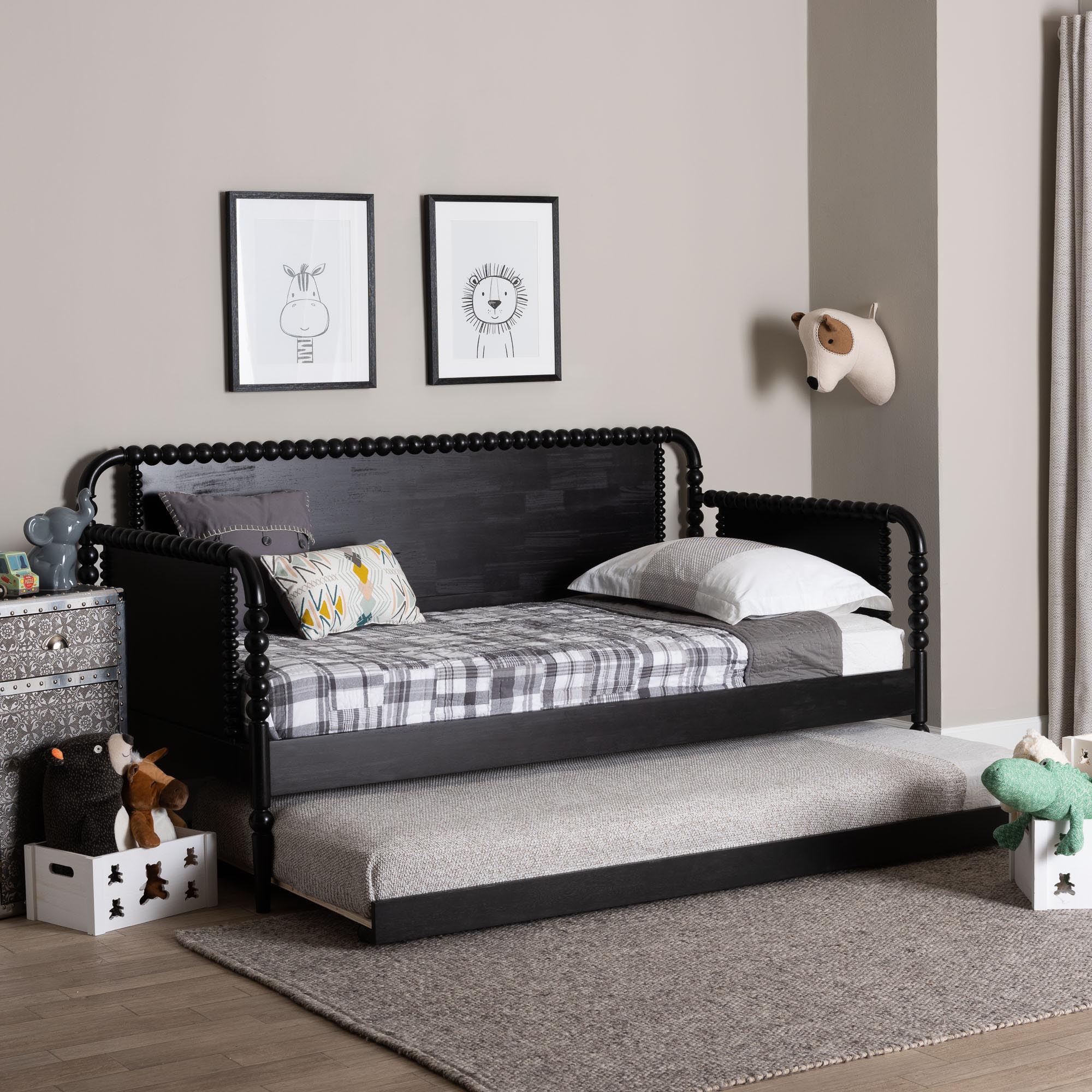 Baxton Studio Lucera Bobbin Daybed with Rolling Trundle - Wooden Bed Frame with Turned Spindle Detailing, Classic Style Sofa Bed for Bedroom or Guest Room, Twin, Black