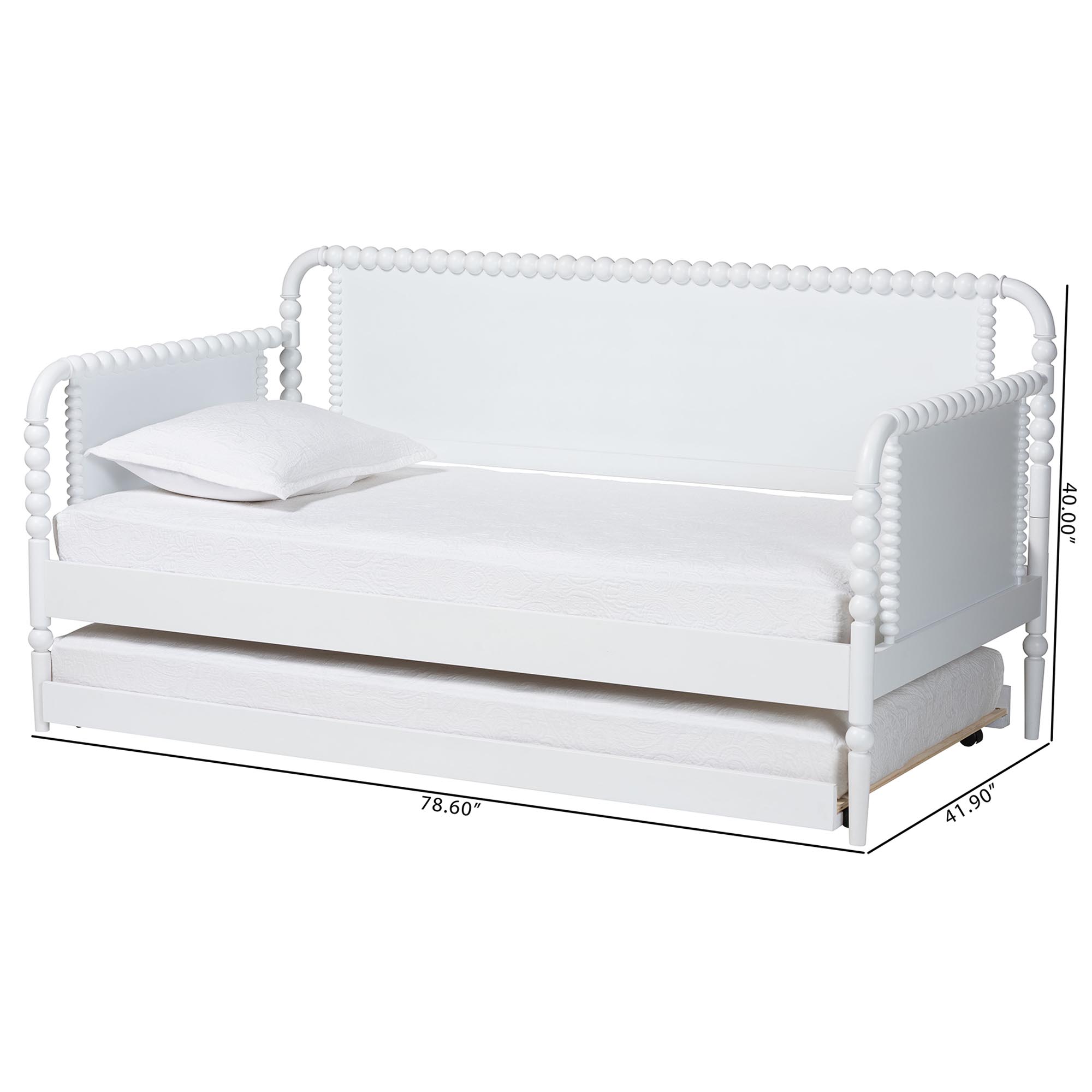 Baxton Studio Lucera Bobbin Daybed with Rolling Trundle - Wooden Bed Frame with Turned Spindle Detailing, Classic Style Sofa Bed for Bedroom or Guest Room, Twin, White