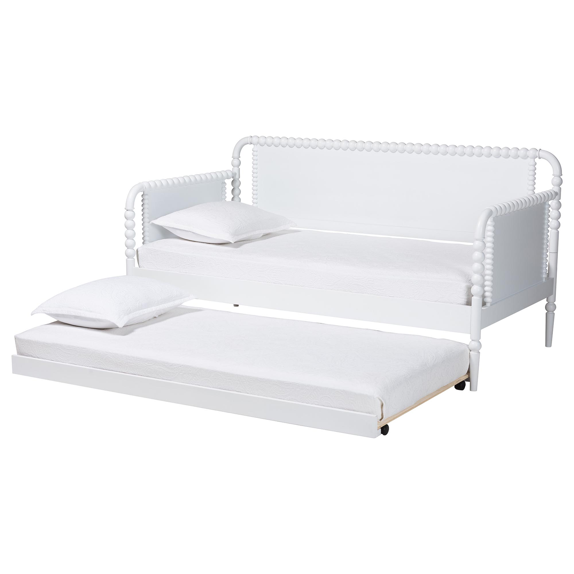 Baxton Studio Lucera Bobbin Daybed with Rolling Trundle - Wooden Bed Frame with Turned Spindle Detailing, Classic Style Sofa Bed for Bedroom or Guest Room, Twin, White