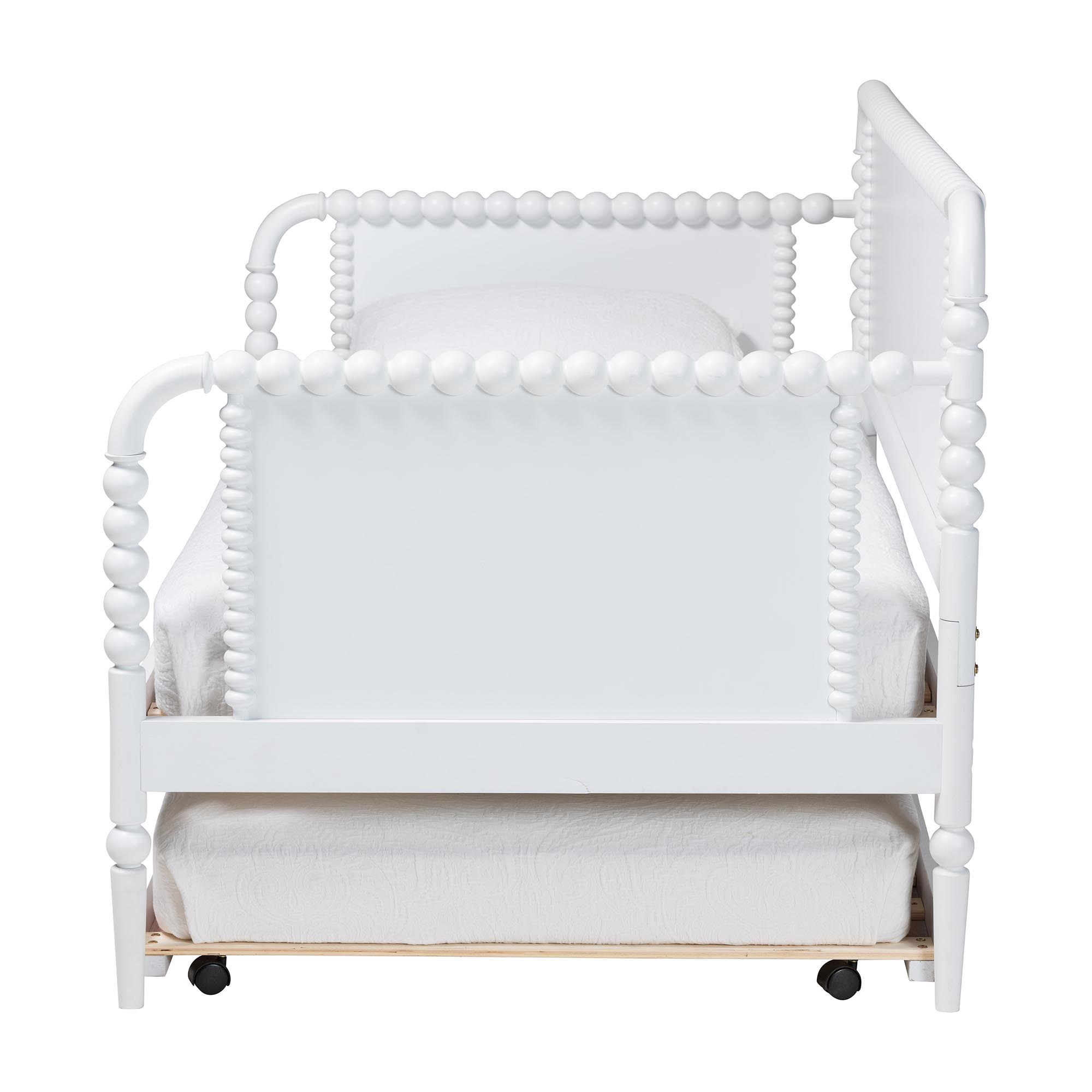 Baxton Studio Lucera Bobbin Daybed with Rolling Trundle - Wooden Bed Frame with Turned Spindle Detailing, Classic Style Sofa Bed for Bedroom or Guest Room, Twin, White