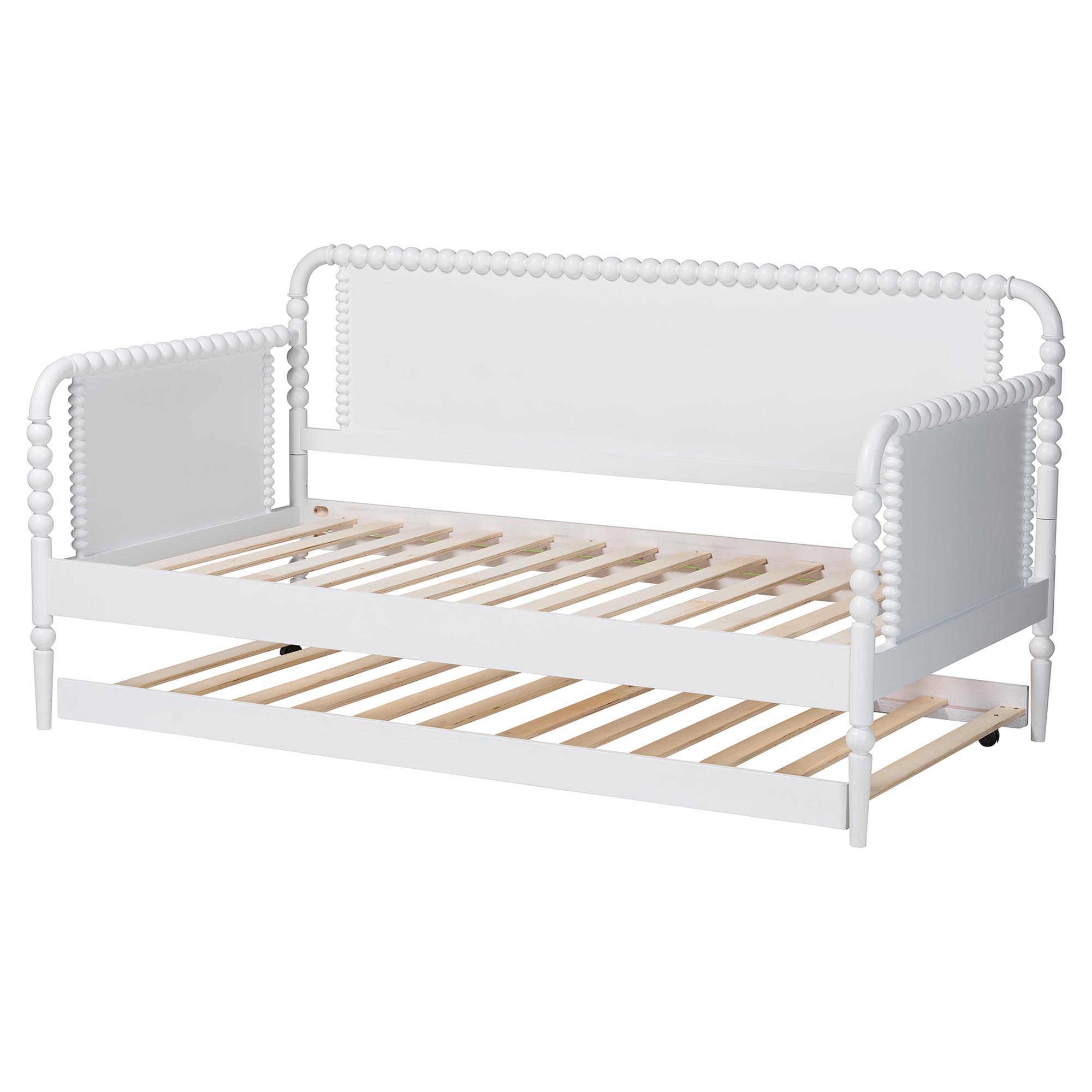 Baxton Studio Lucera Bobbin Daybed with Rolling Trundle - Wooden Bed Frame with Turned Spindle Detailing, Classic Style Sofa Bed for Bedroom or Guest Room, Twin, White