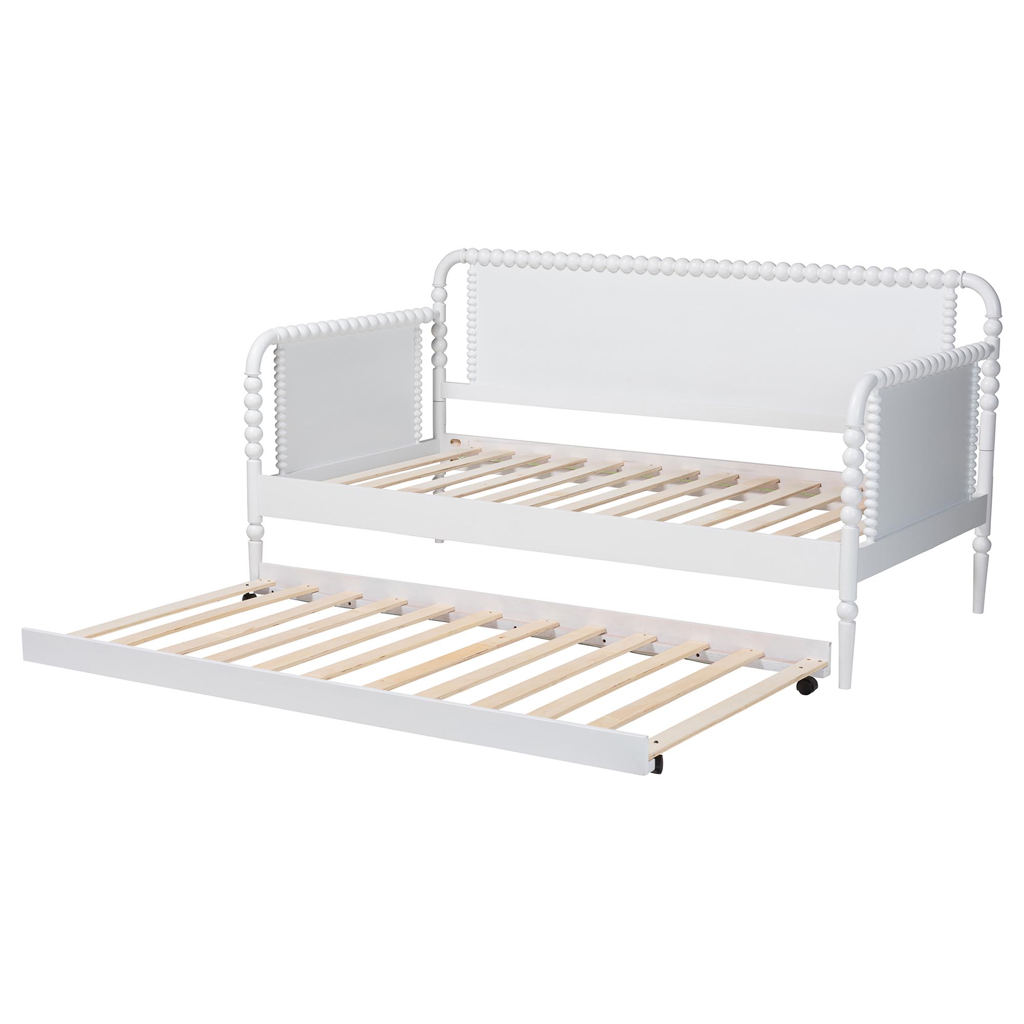 Baxton Studio Lucera Bobbin Daybed with Rolling Trundle - Wooden Bed Frame with Turned Spindle Detailing, Classic Style Sofa Bed for Bedroom or Guest Room, Twin, White