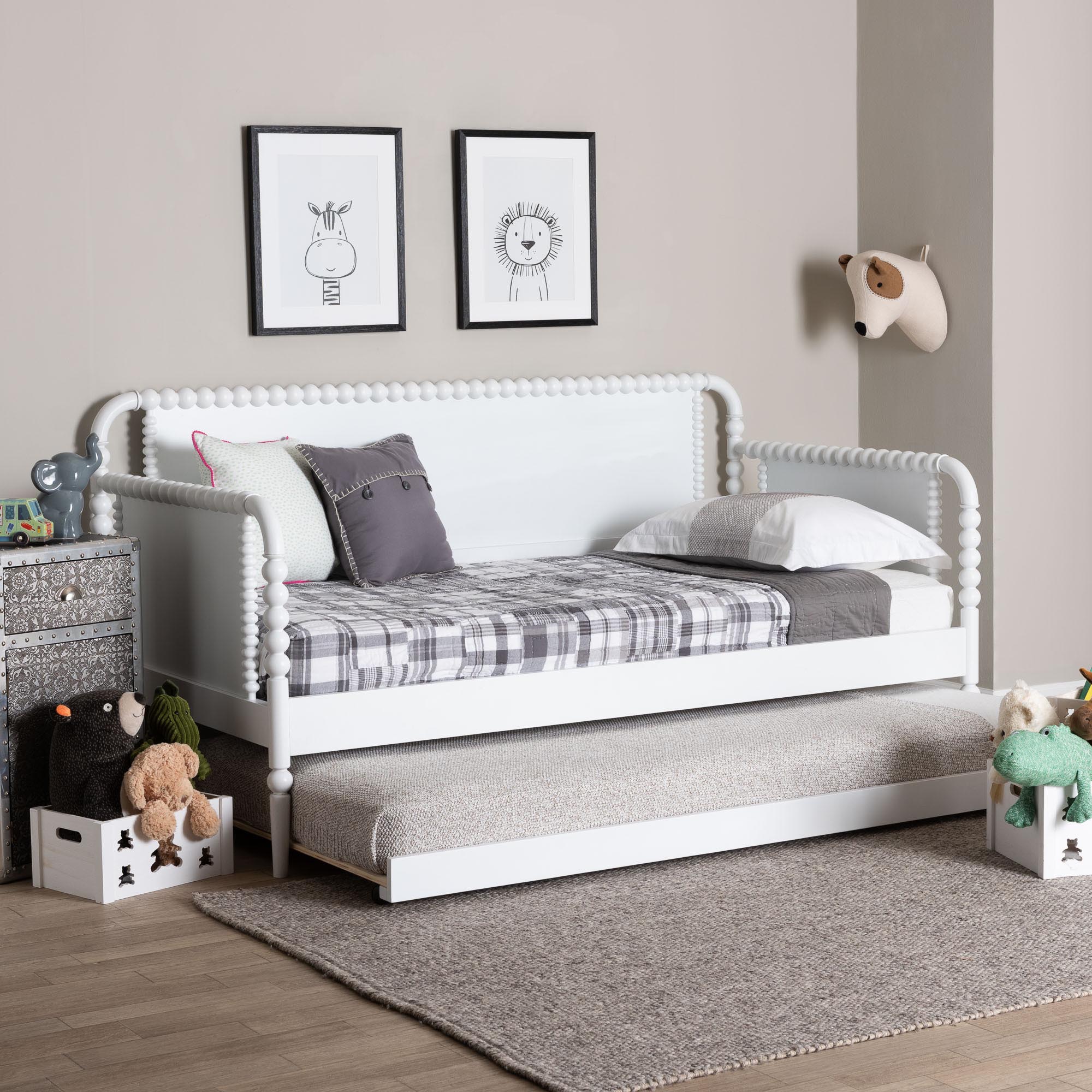 Baxton Studio Lucera Bobbin Daybed with Rolling Trundle - Wooden Bed Frame with Turned Spindle Detailing, Classic Style Sofa Bed for Bedroom or Guest Room, Twin, White