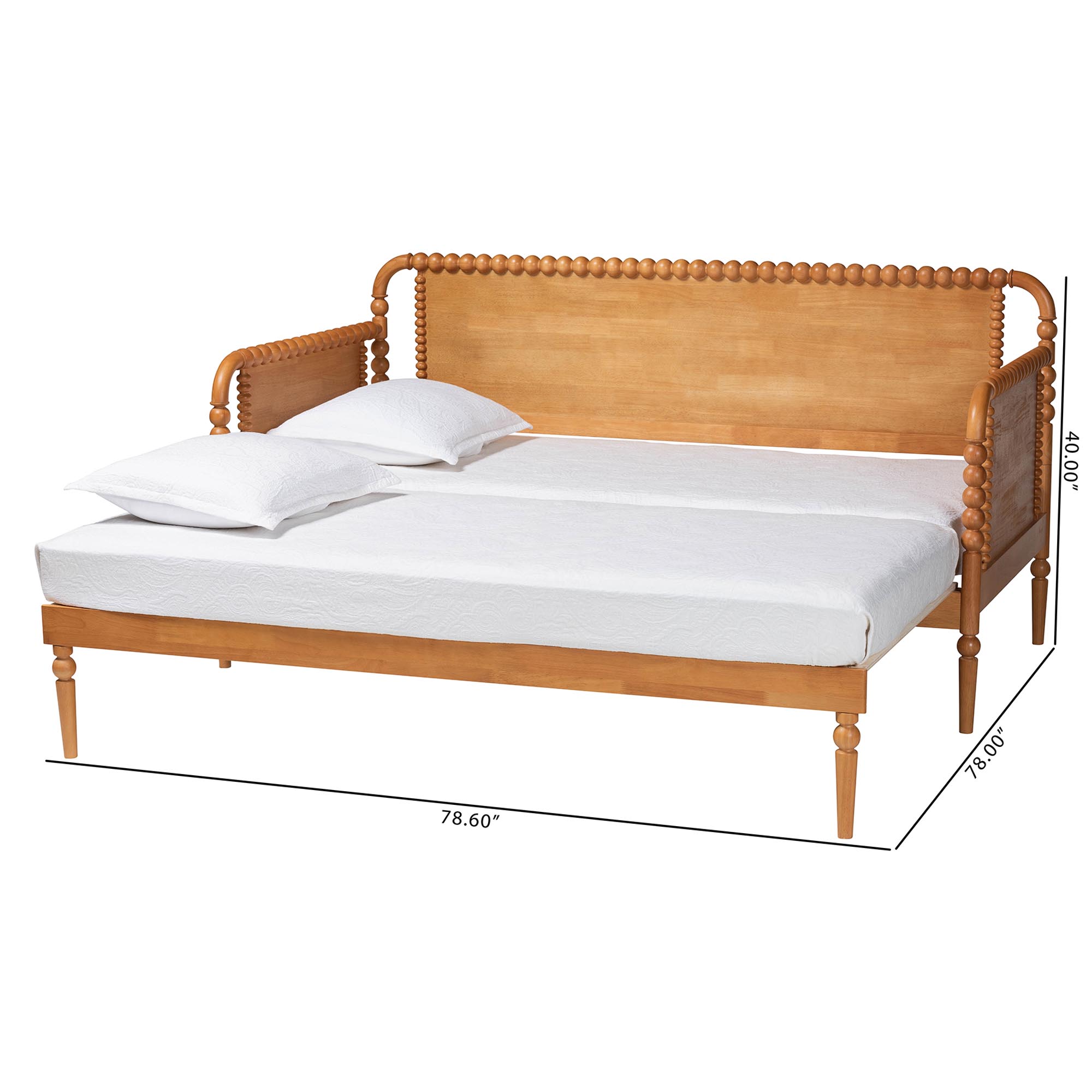 Baxton Studio Lucera Bobbin Twin-To-King Expandable Daybed - Wood Bed Frame with Turned Spindle Detailing, Classic Style Sofa Bed for Bedroom or Guest Room, Oak Brown
