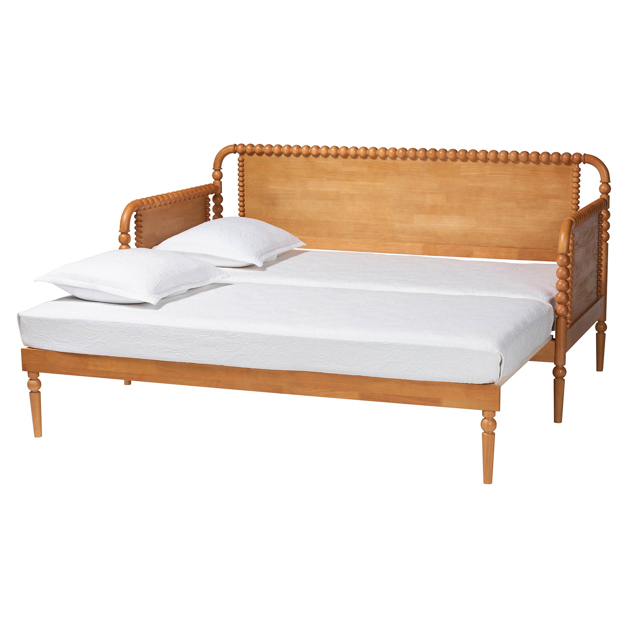 Baxton Studio Lucera Bobbin Twin-To-King Expandable Daybed - Wood Bed Frame with Turned Spindle Detailing, Classic Style Sofa Bed for Bedroom or Guest Room, Oak Brown
