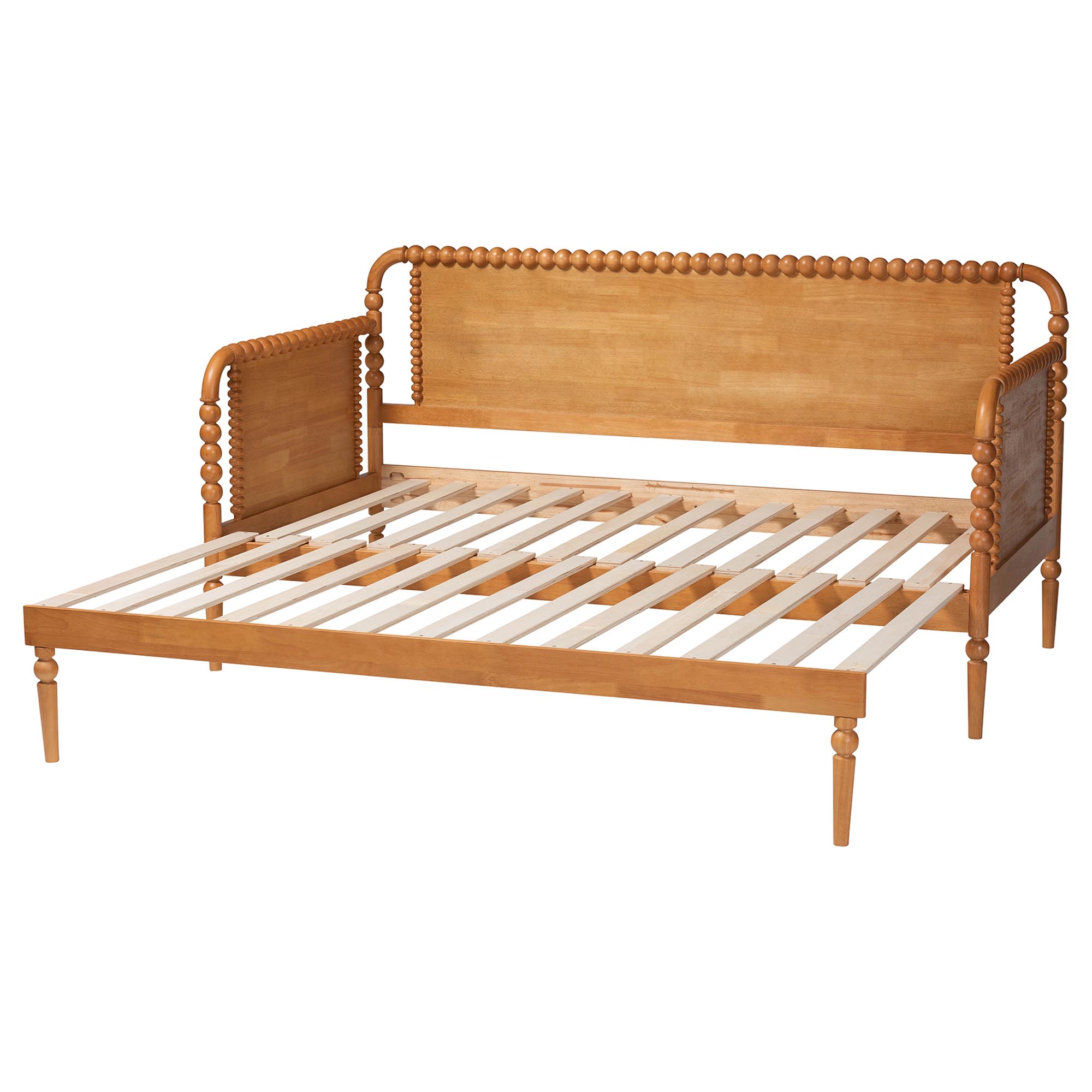 Baxton Studio Lucera Bobbin Twin-To-King Expandable Daybed - Wood Bed Frame with Turned Spindle Detailing, Classic Style Sofa Bed for Bedroom or Guest Room, Oak Brown