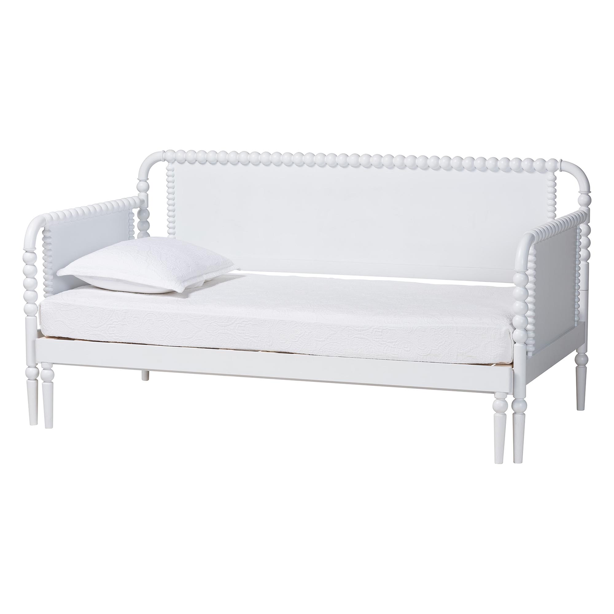 Baxton Studio Lucera Bobbin Twin-To-King Expandable Daybed - Wood Bed Frame with Turned Spindle Detailing, Classic Style Sofa Bed for Bedroom or Guest Room, White