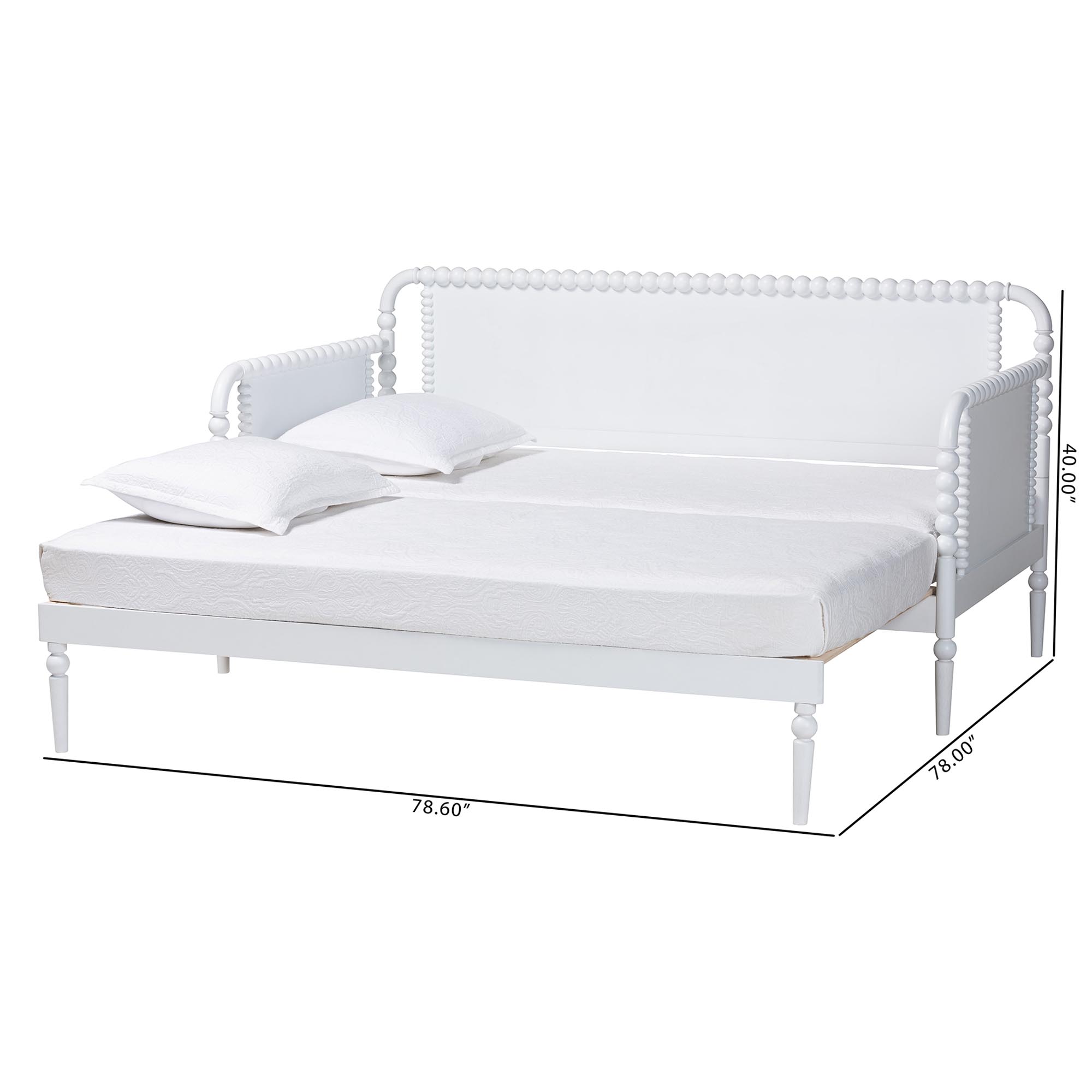 Baxton Studio Lucera Bobbin Twin-To-King Expandable Daybed - Wood Bed Frame with Turned Spindle Detailing, Classic Style Sofa Bed for Bedroom or Guest Room, White