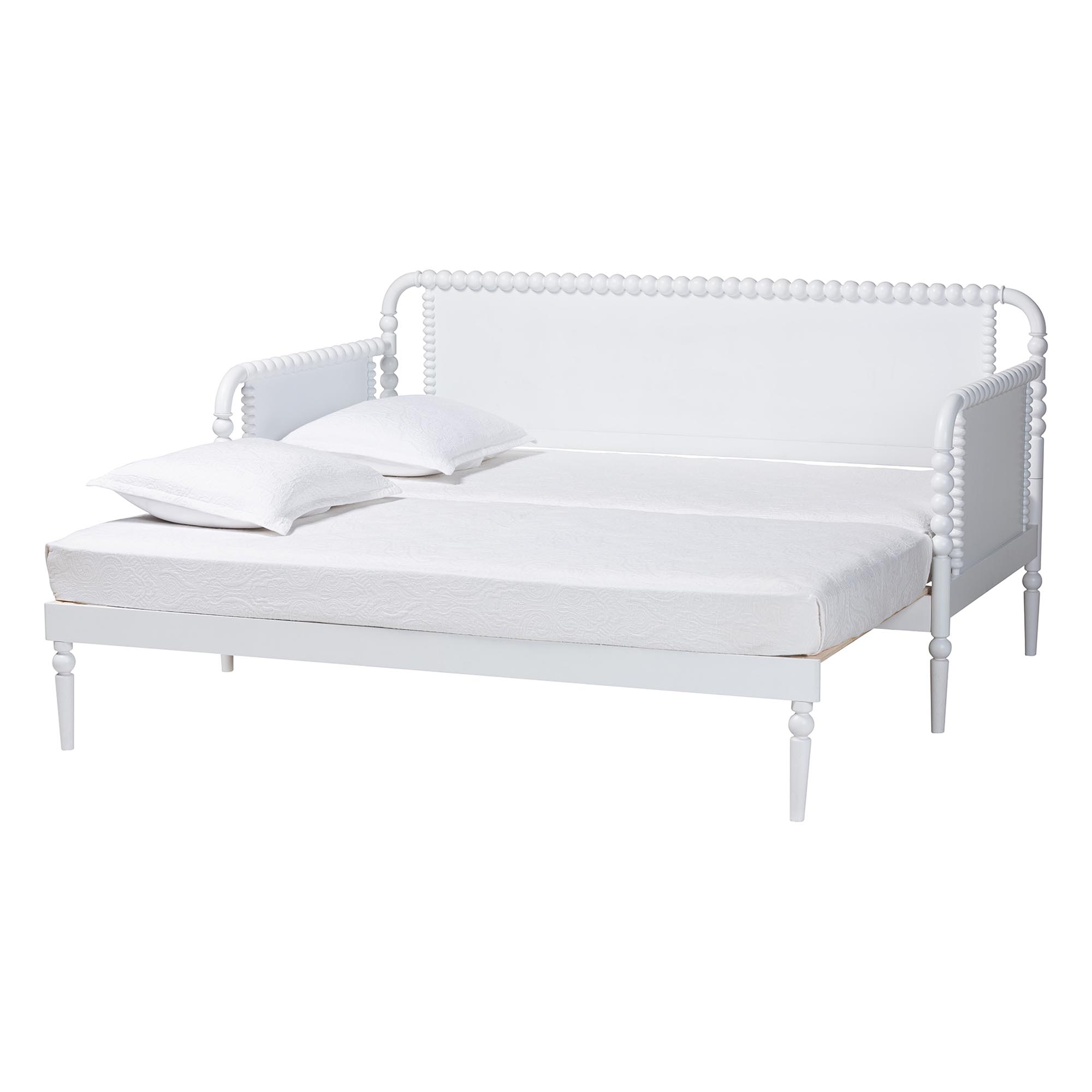 Baxton Studio Lucera Bobbin Twin-To-King Expandable Daybed - Wood Bed Frame with Turned Spindle Detailing, Classic Style Sofa Bed for Bedroom or Guest Room, White