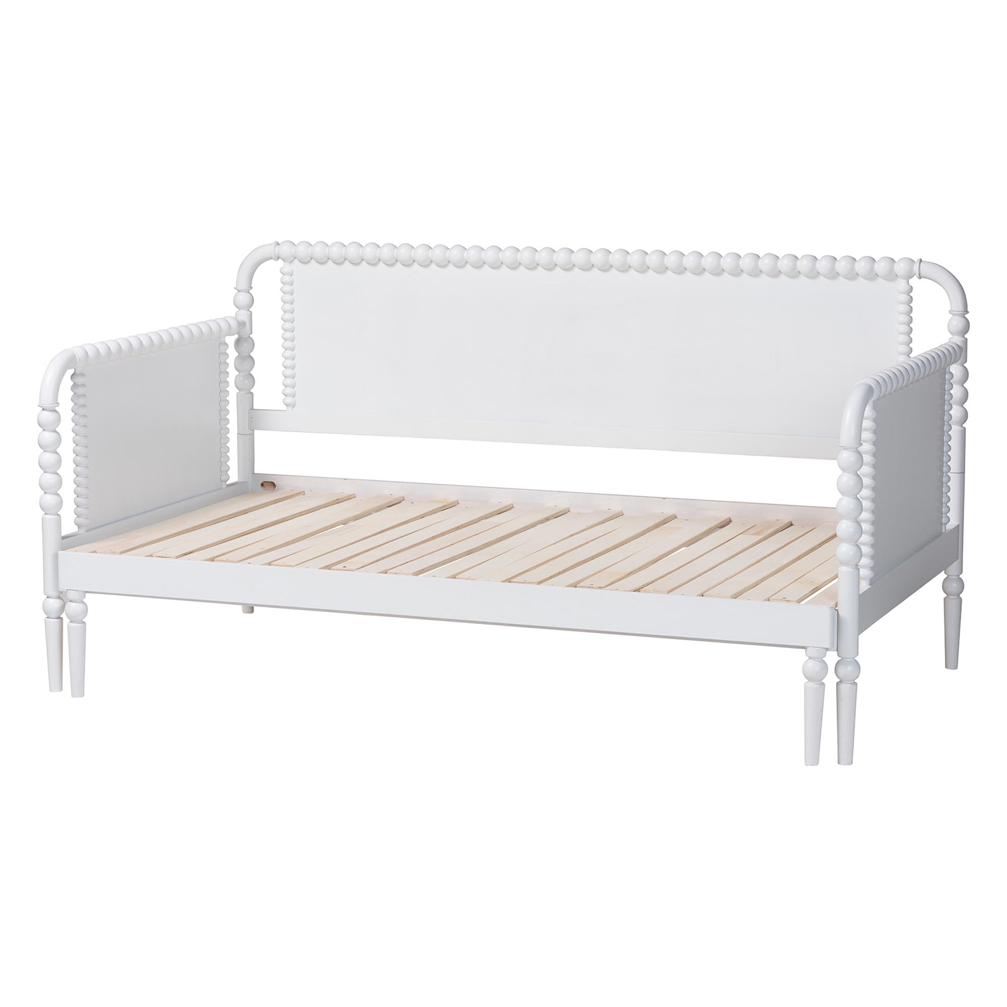 Baxton Studio Lucera Bobbin Twin-To-King Expandable Daybed - Wood Bed Frame with Turned Spindle Detailing, Classic Style Sofa Bed for Bedroom or Guest Room, White