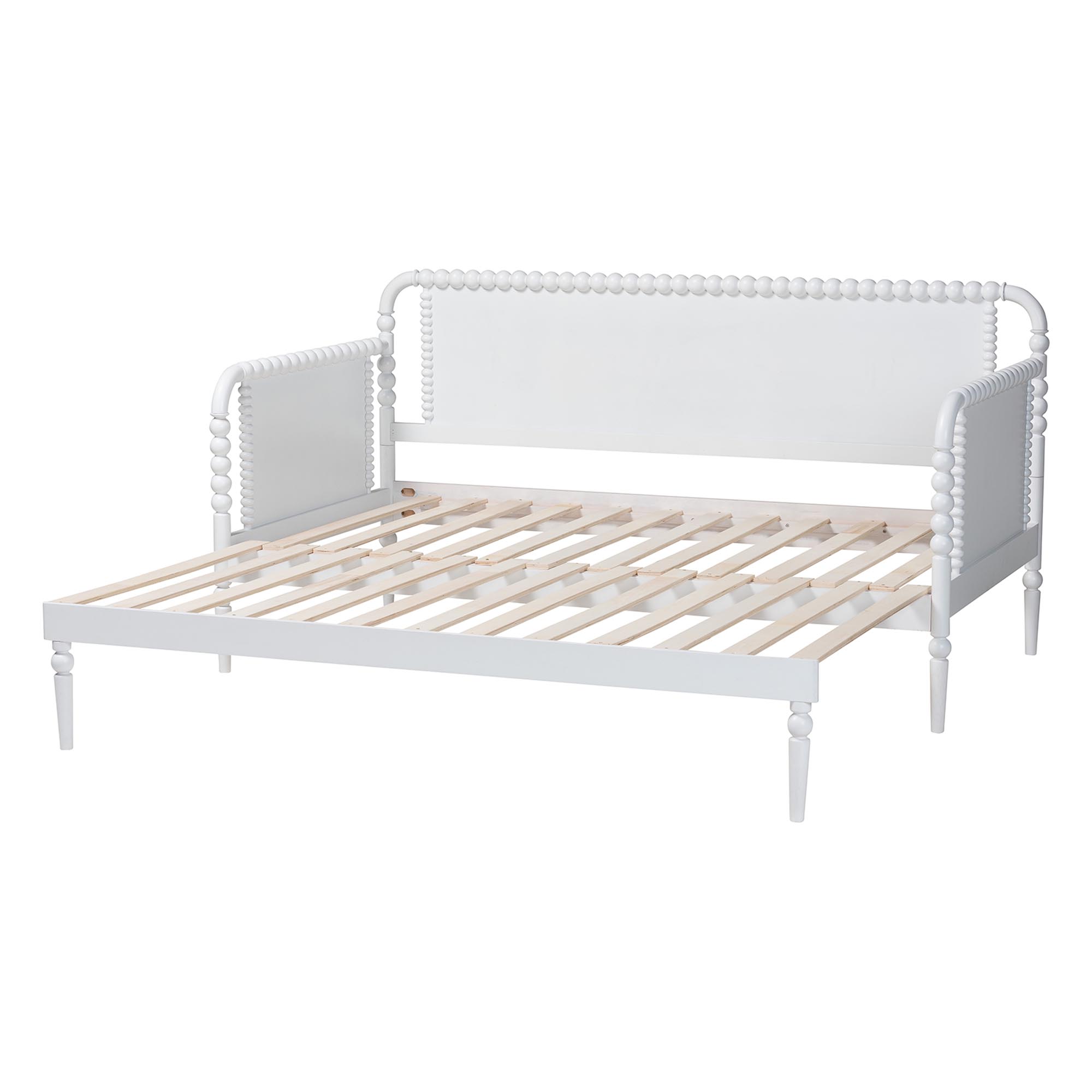 Baxton Studio Lucera Bobbin Twin-To-King Expandable Daybed - Wood Bed Frame with Turned Spindle Detailing, Classic Style Sofa Bed for Bedroom or Guest Room, White