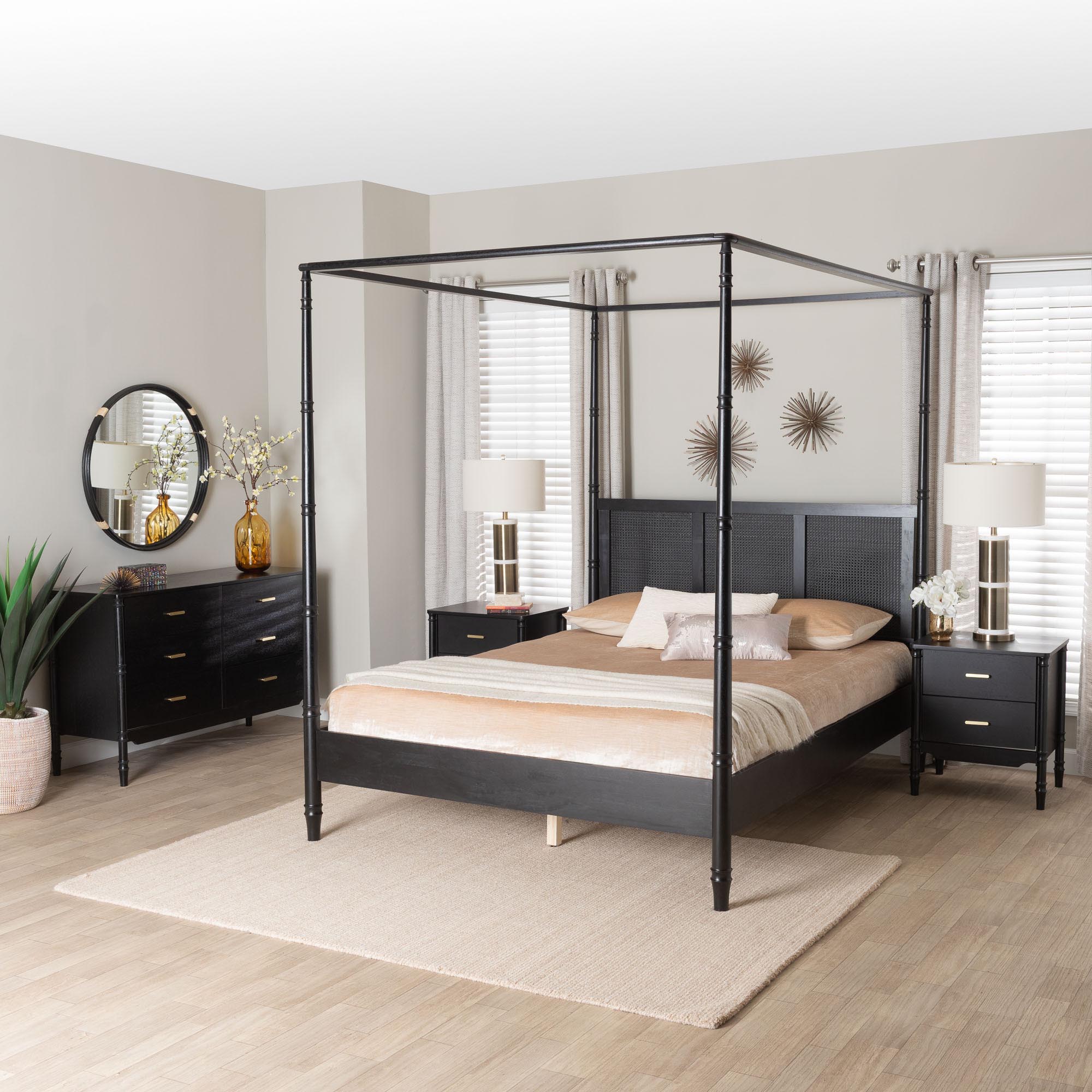Baxton Studio Marisela 4-Piece Black Bedroom Set - Canopy Bed with Synthetic Rattan Headboard, Matching Dresser and Two Nightstands, Modern Transitional Wood Bedroom Furniture Collection, King
