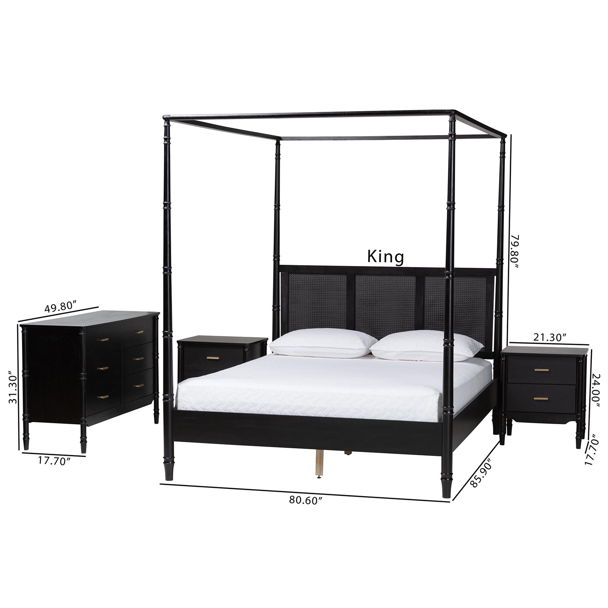 Baxton Studio Marisela 4-Piece Black Bedroom Set - Canopy Bed with Synthetic Rattan Headboard, Matching Dresser and Two Nightstands, Modern Transitional Wood Bedroom Furniture Collection, King