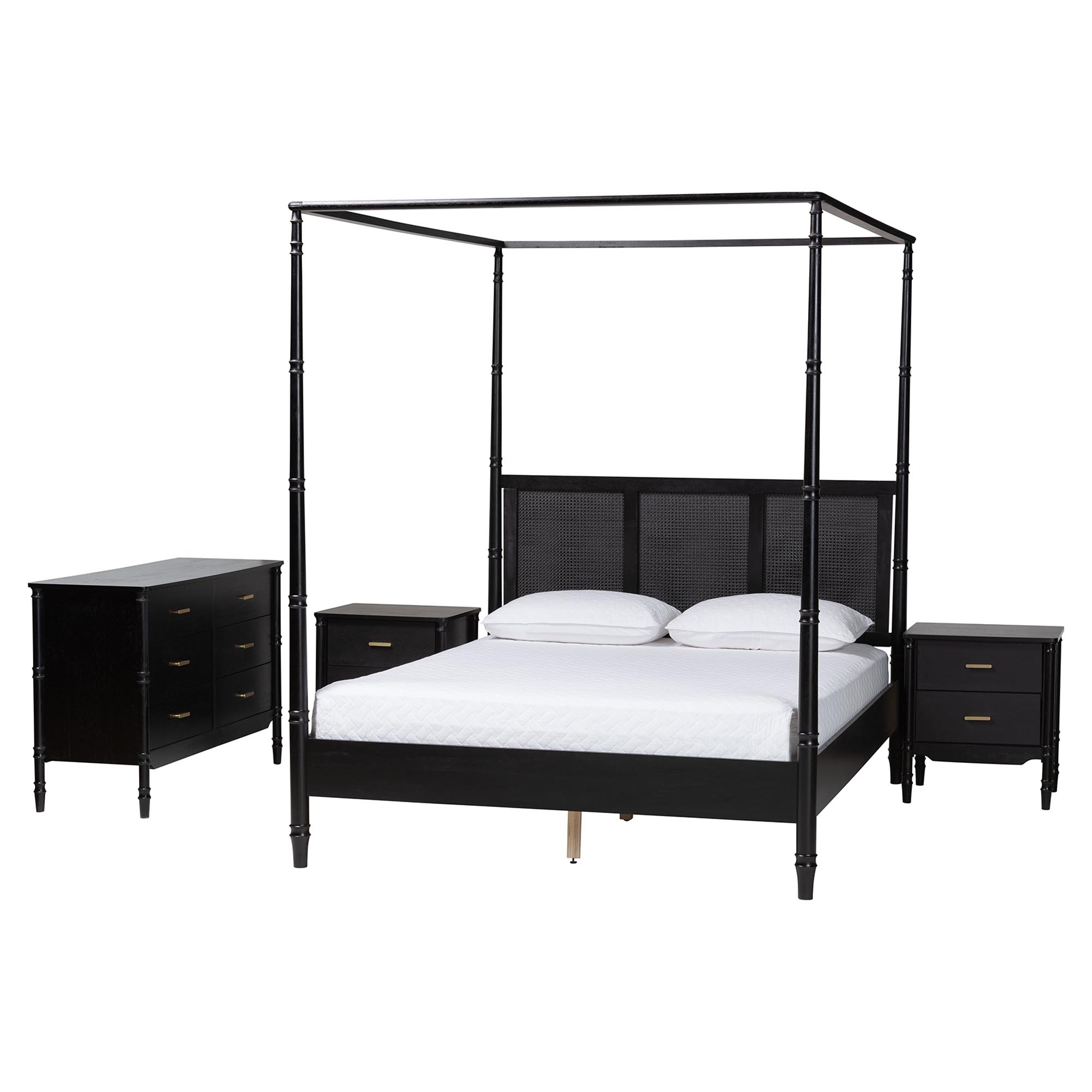 Baxton Studio Marisela 4-Piece Black Bedroom Set - Canopy Bed with Synthetic Rattan Headboard, Matching Dresser and Two Nightstands, Modern Transitional Wood Bedroom Furniture Collection, Queen
