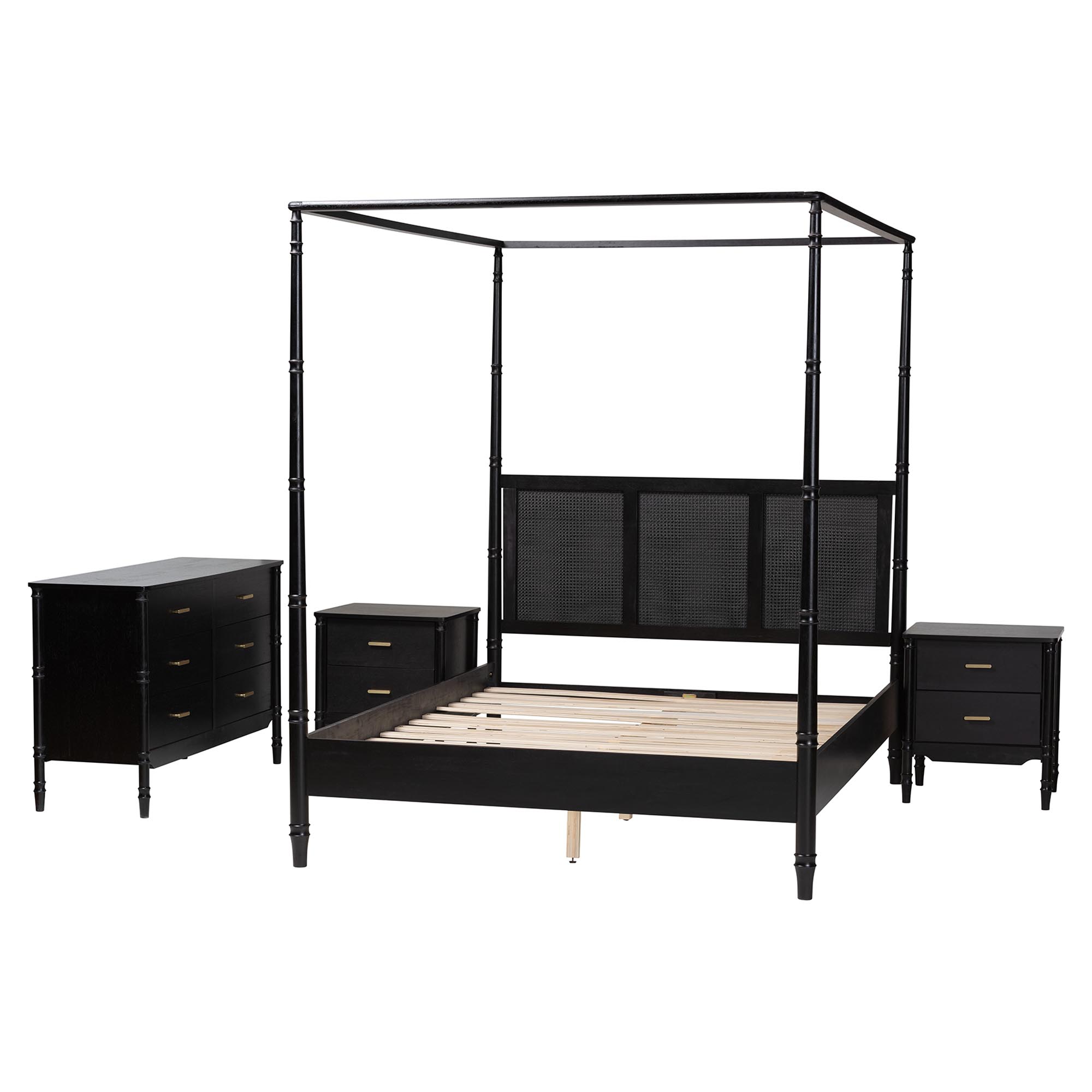 Baxton Studio Marisela 4-Piece Black Bedroom Set - Canopy Bed with Synthetic Rattan Headboard, Matching Dresser and Two Nightstands, Modern Transitional Wood Bedroom Furniture Collection, King