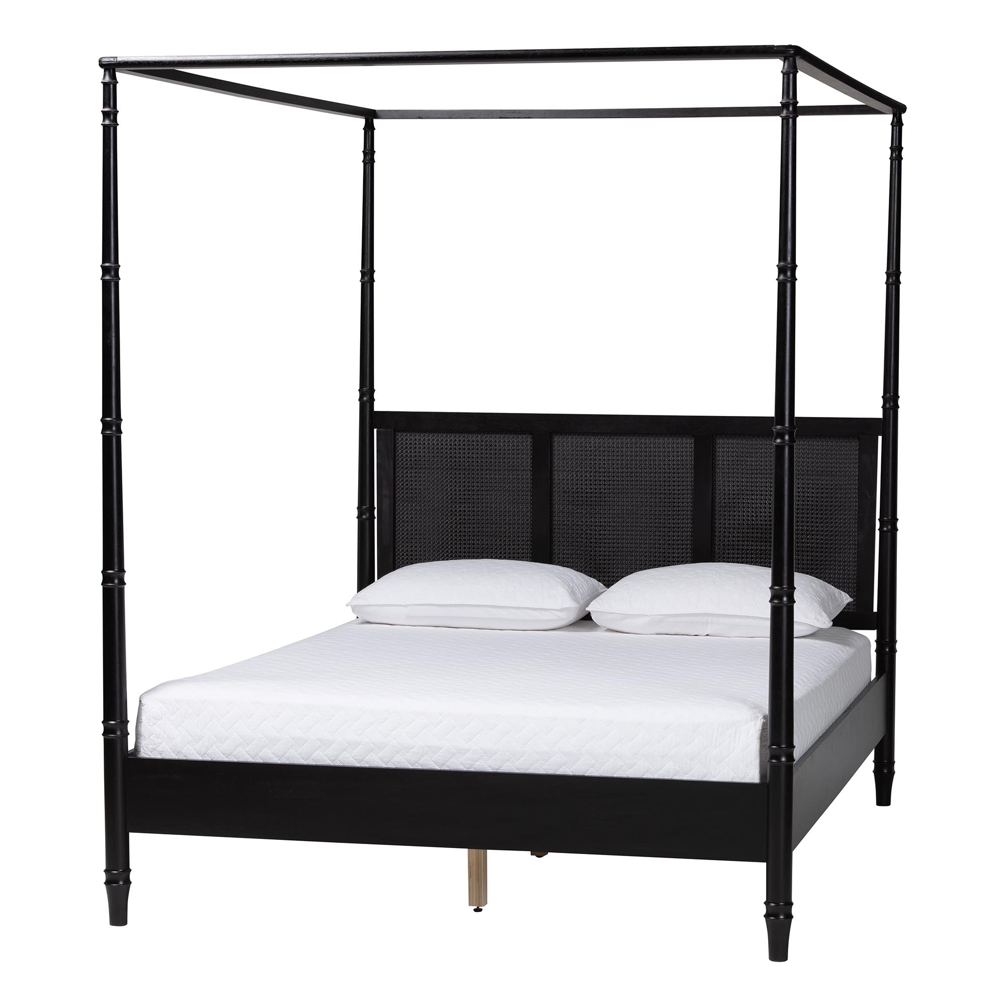 Baxton Studio Marisela 4-Piece Black Bedroom Set - Canopy Bed with Synthetic Rattan Headboard, Matching Dresser and Two Nightstands, Modern Transitional Wood Bedroom Furniture Collection, King