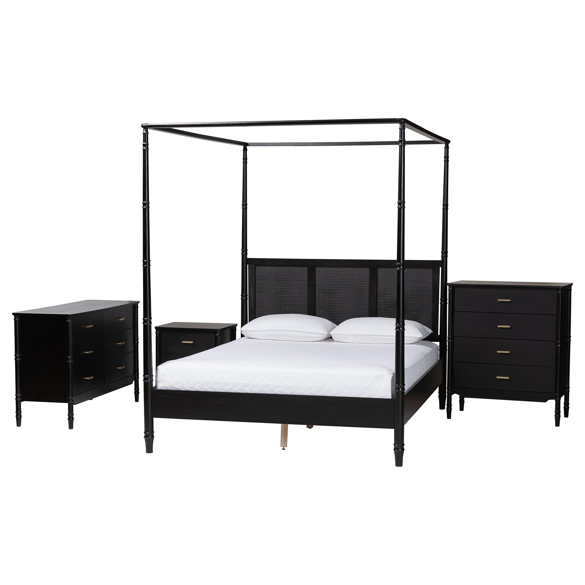 Baxton Studio Marisela 4-Piece Black Bedroom Set - Canopy Bed with Synthetic Rattan Headboard, Matching Dresser, Chest, and Nightstand, Modern Transitional Wood Bedroom Furniture Collection, King