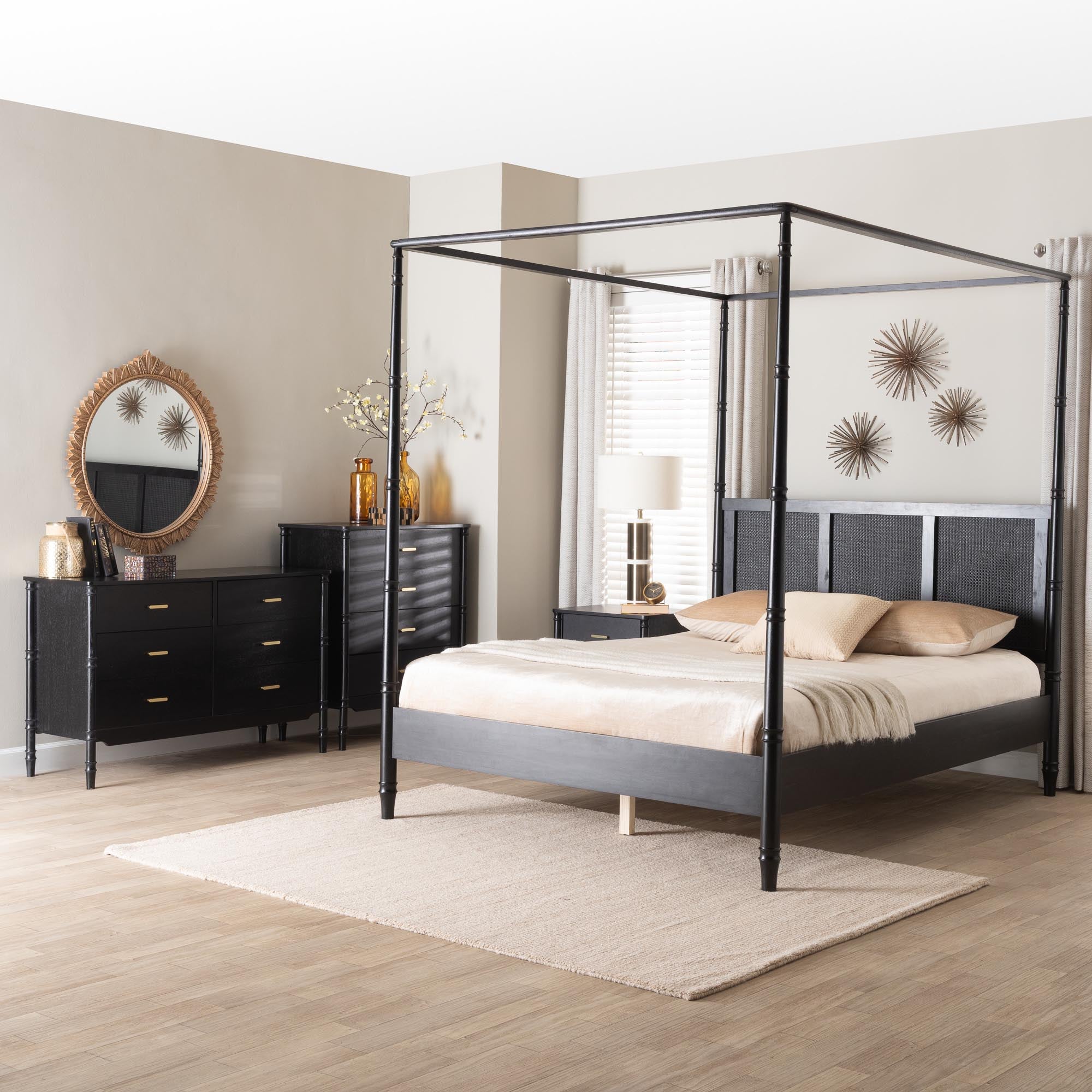 Baxton Studio Marisela 4-Piece Black Bedroom Set - Canopy Bed with Synthetic Rattan Headboard, Matching Dresser, Chest, and Nightstand, Modern Transitional Wood Bedroom Furniture Collection, King