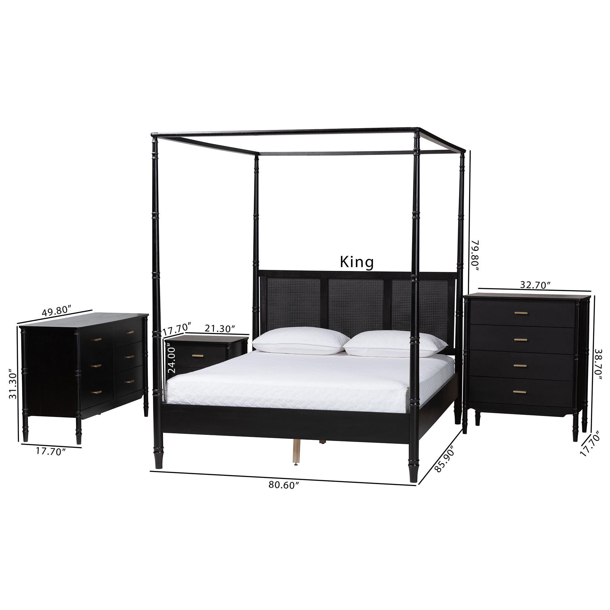 Baxton Studio Marisela 4-Piece Black Bedroom Set - Canopy Bed with Synthetic Rattan Headboard, Matching Dresser, Chest, and Nightstand, Modern Transitional Wood Bedroom Furniture Collection, King